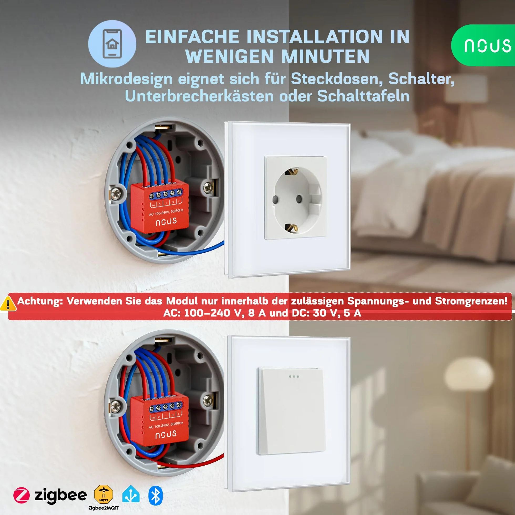 NOUS B6Z ZigBee Mini Smart Switch moduł – 1-kanałowy podtynkowy moduł przełączający, ZigBee 3.0, 100–240 V, 2000 W, do Alexa, Google Assistant, SmartThings, Gateway, 2 sztuki w opakowaniu