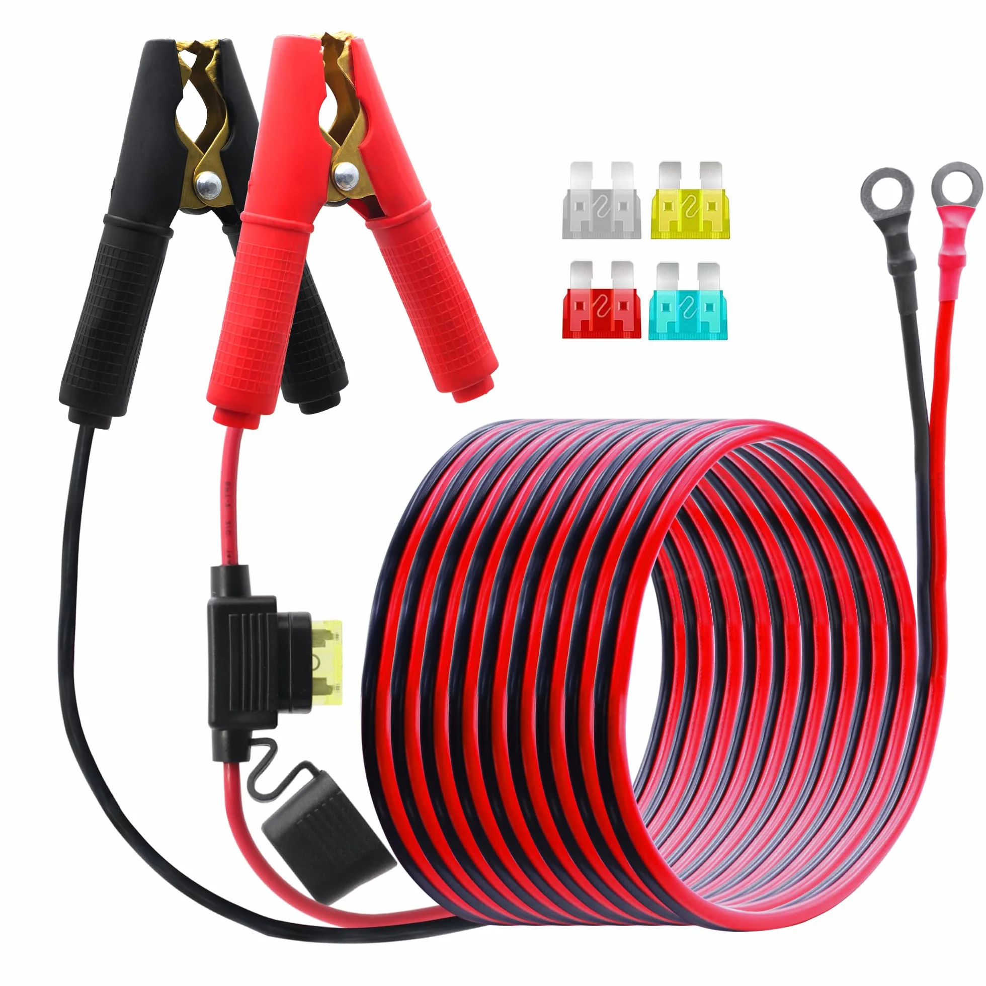 Kabel z bezpiecznikiem 20A 14AWG 12V-24V Alligator Clip O-Ring Terminal do akumulatora 3m