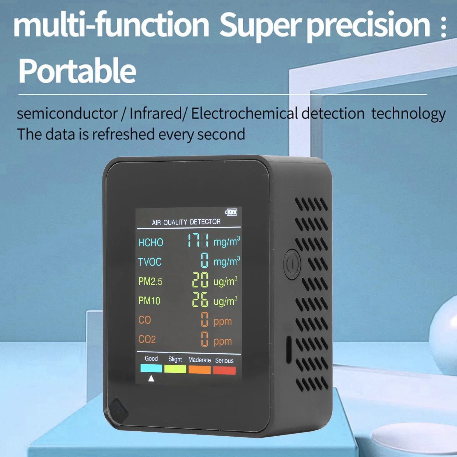 Monitor Jakości Powietrza, CO2 TVOC HCHO PM2.5 PM10 Tester Jakości Powietrza w Pomieszczeniach dla Domu, z Podświetlanym Wyświetlaczem LCD, ładowany Przez USB (BLACK)