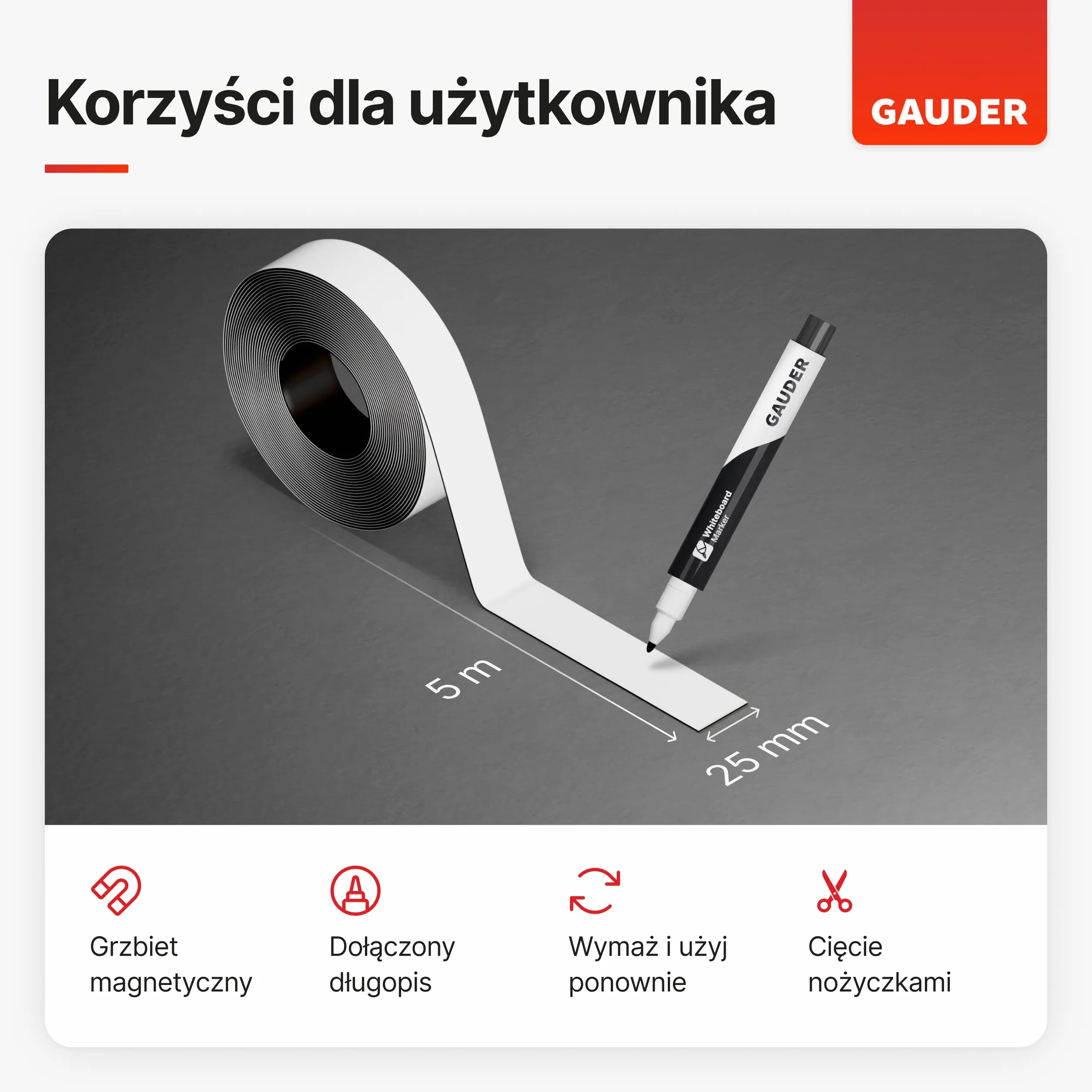 GAUDER Paski Magnetyczne zapisywalne biale 25 mm x 5 m