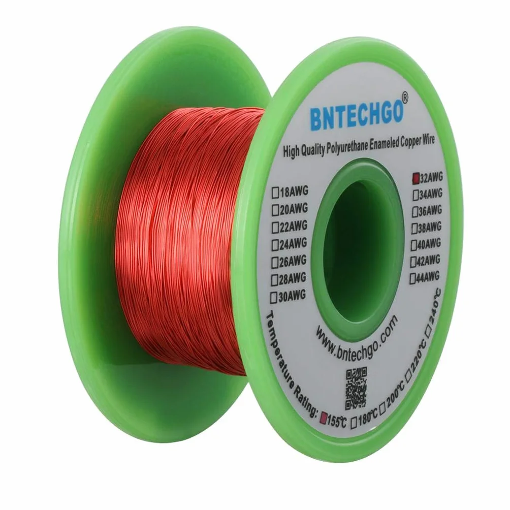 BNTECHGO Drut magnetyczny 32 AWG – emaliowany drut miedziany – emaliowany drut nawijający magnes – 113 g – 0 cm średnica 1 cewka szpula czerwona temperatura znamionowa 155℃ szeroko stosowany do induktorów transformatorów