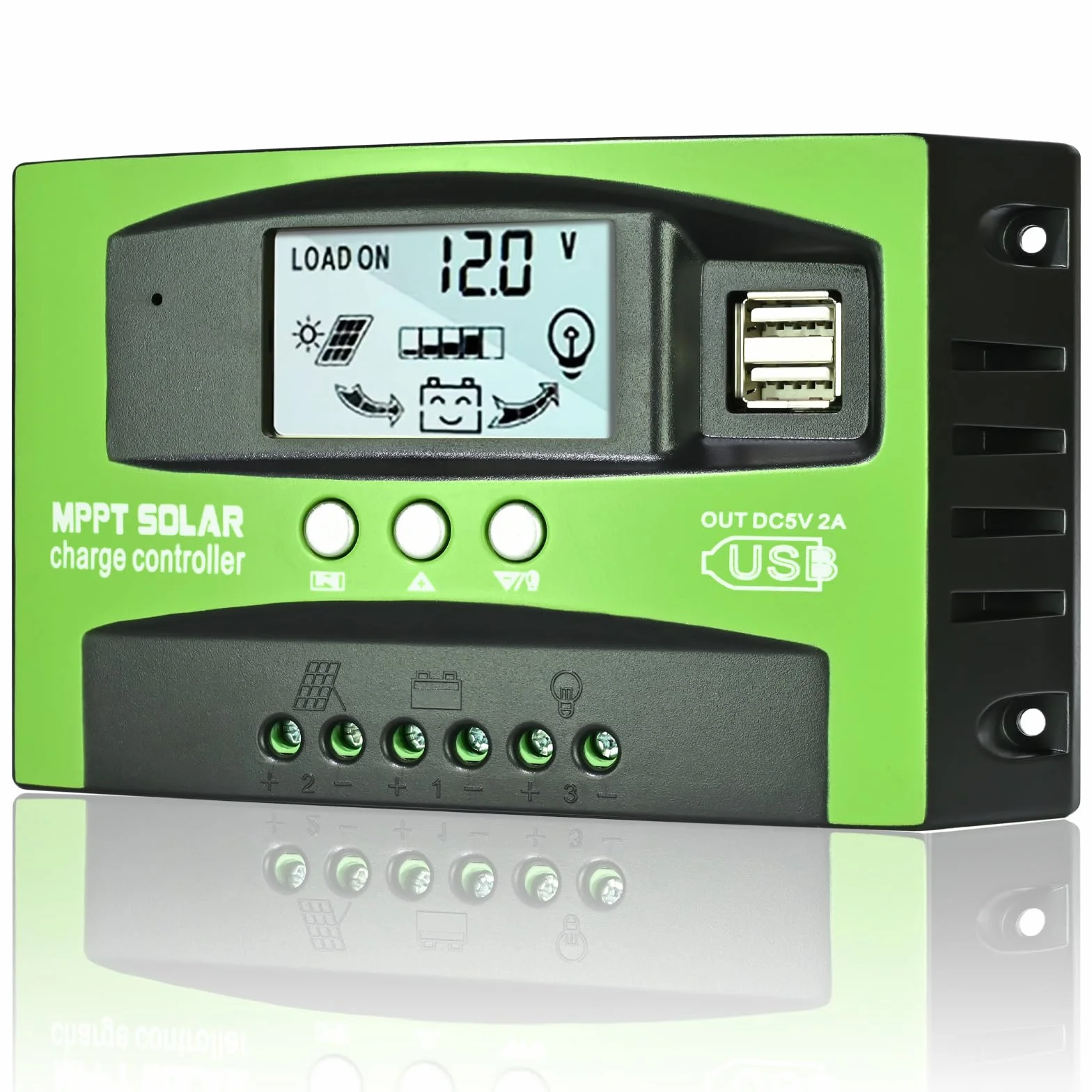 Depvko Kontroler ładowania słonecznego MPPT 30 A, kontroler ładowania słonecznego 12 V/24 V, wyświetlacz LCD, podwójny port USB, timer do akumulatorów żelowych i Li (zielony)