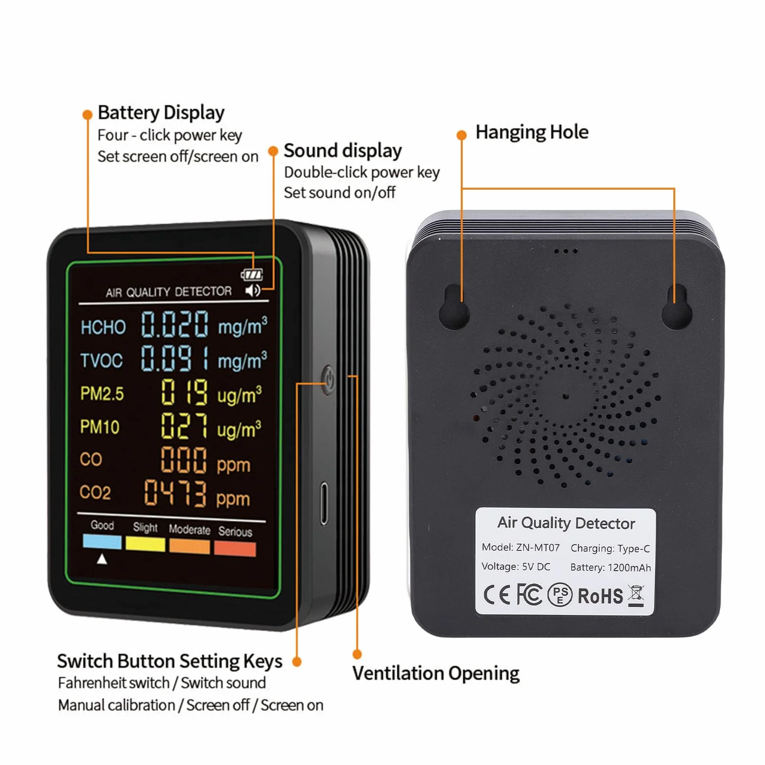 Elprico Monitor Jakości Powietrza 6 w 1, Wewnętrzny Detektor CO2 i Miernik PM2,5 PM10 z Elektrochemicznym Czujnikiem Podczerwieni, Przenośny Tester CO2 HCHO TVOC do Domu