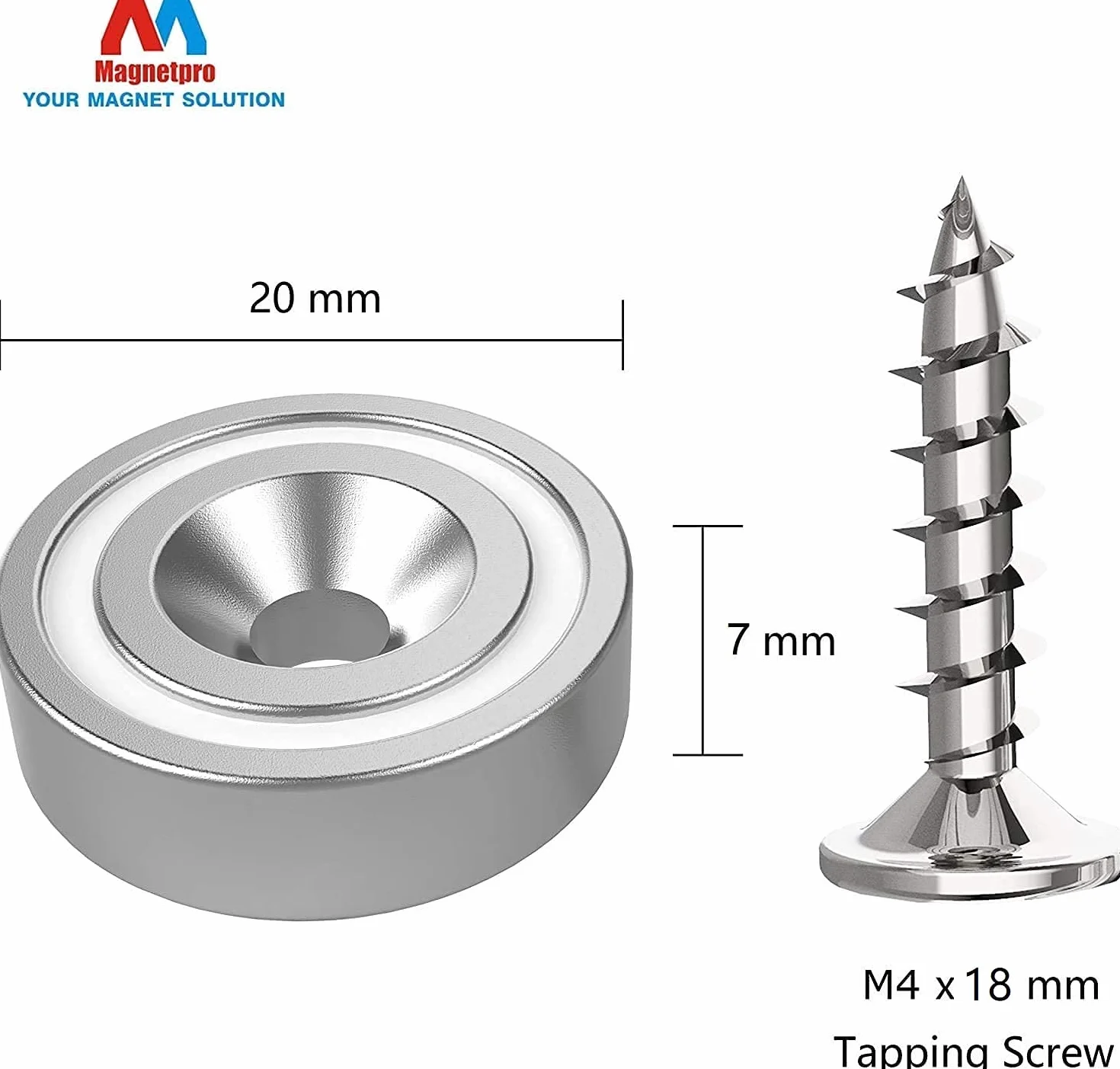 Magnetpro 12 sztuk magnesów 10 kg siła 20 x 7 mm z otworem i kapsułką, magnes z łbem wpuszczanym ze śrubami i 12 poduszkami stalowymi