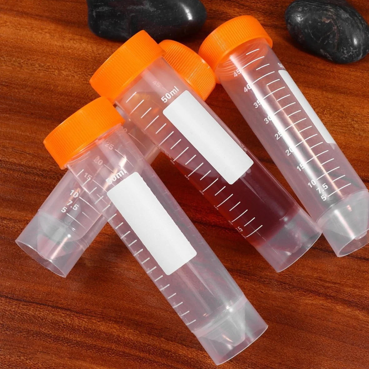 HUAZIZ 40 sztuk 50 ml pomarańczowe probówki z tworzywa sztucznego do eksperymentów laboratoryjnych i chemicznych (stożkowe + płaskie dno)