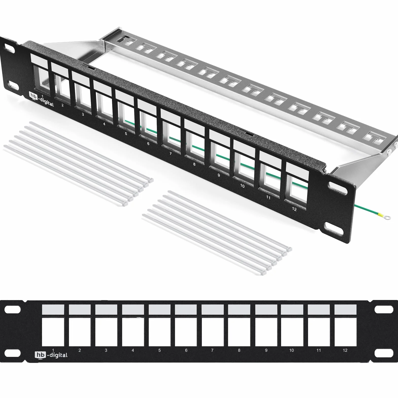 HB-DIGITAL 12-portowy panel krosowy modułowy do modułów Keystone ekranowany czarny 1HE montaż w stelażu TIA568A kabel TIA568B