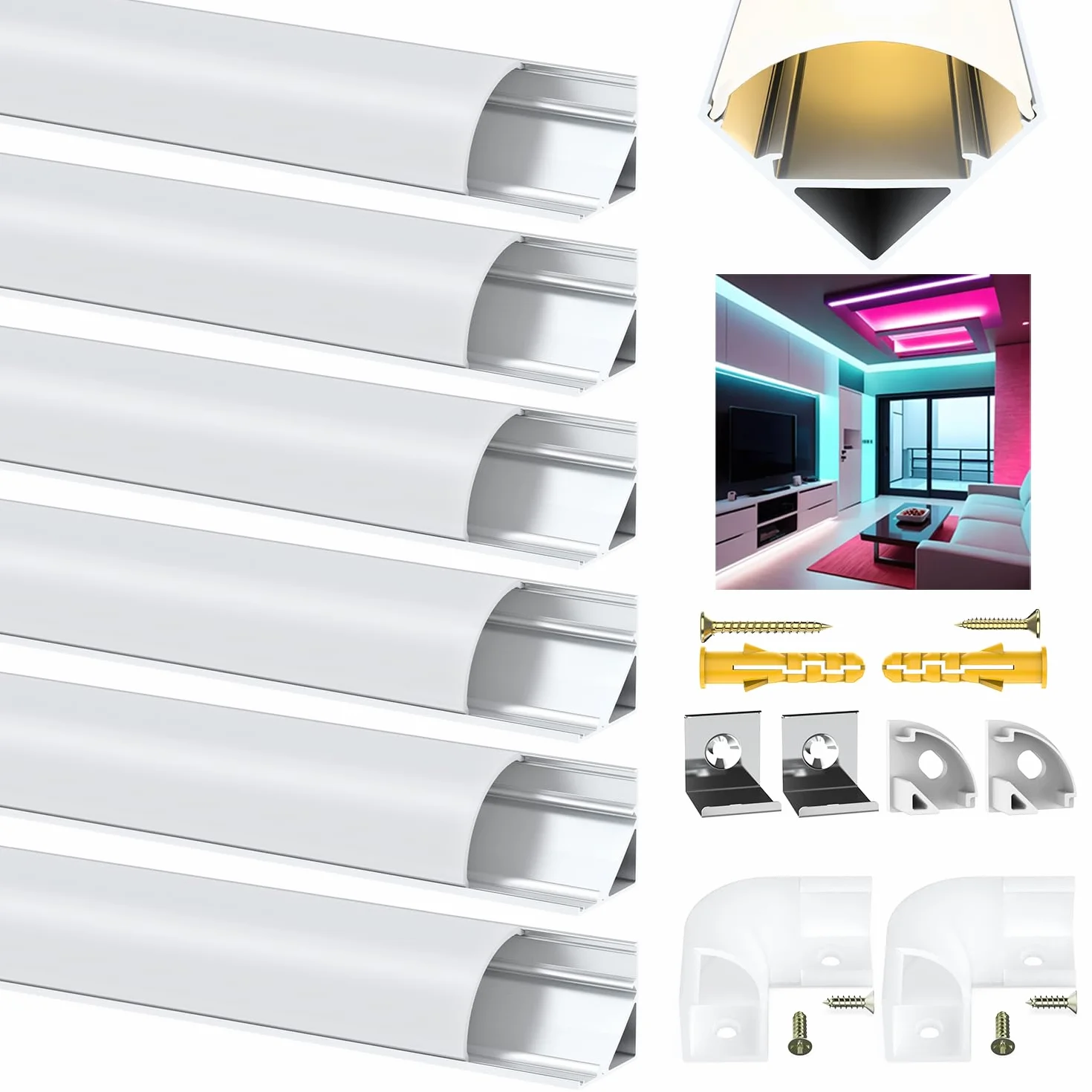 Angdarun Profil LED, 6 szt. w kształcie litery V, 1 m, do profilu aluminiowego LED, kanału, dyfuzora, z mlecznobiałą osłoną paska