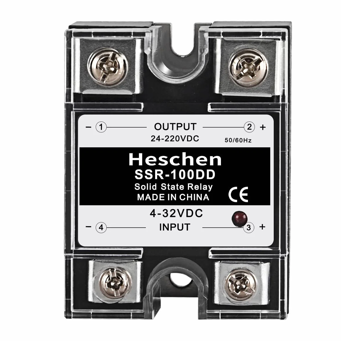 Heschen Przekaźnik półprzewodnikowy jednofazowy DC/DC, SSR-100DD, wejście 4-32VDC, wyjście 24-220VDC, 100A 50-60Hz