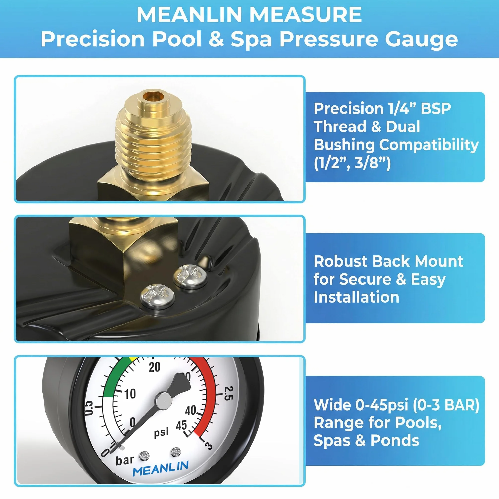 MEANLIN MEASURE 0~3Bar/0~40Psi manometr basenowy, 1/4"BSP 2" FACE DIAL do basenów, spa, stawów wędkarskich, z 1/2" BSP i 3/8" BSP, montaż tylny