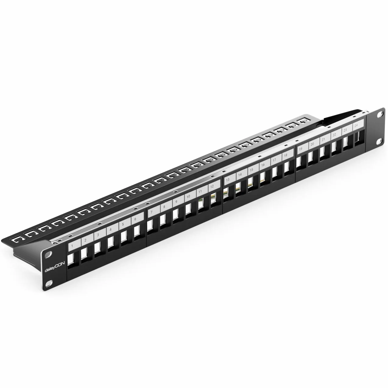 deleyCON 24 Port Patchpanel Pole Modularne do Modułów Keystone 1 HE 19" Zoll Montaż w Szafie Kompatybilne CAT5 CAT6 CAT7 CAT8 LAN Sieć Kabel Instalacyjny Czarny