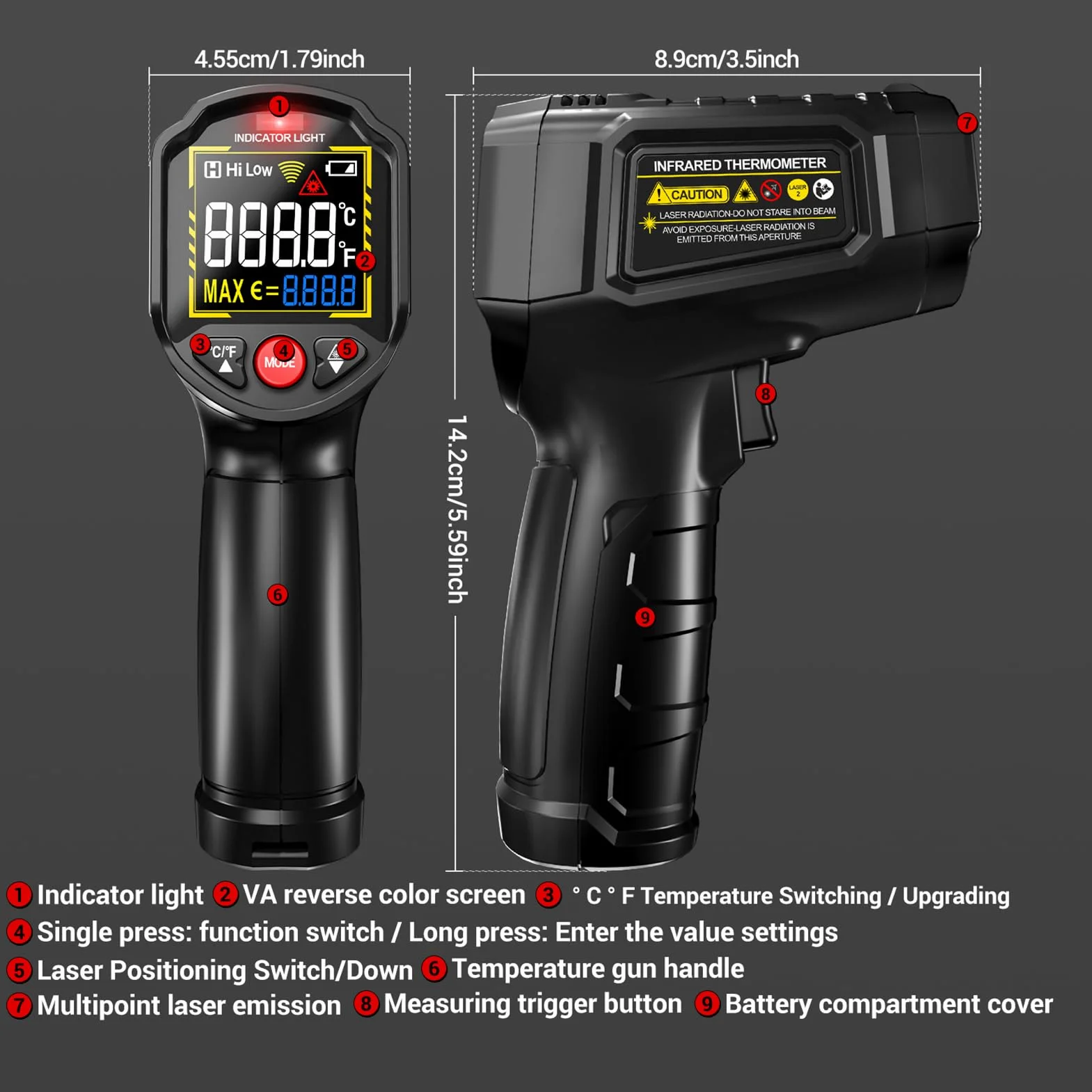 Fabater Bezdotykowy Pistolet do Pomiaru Temperatury, Regulowana emisyjność, Termometr na podczerwień (BLACK)