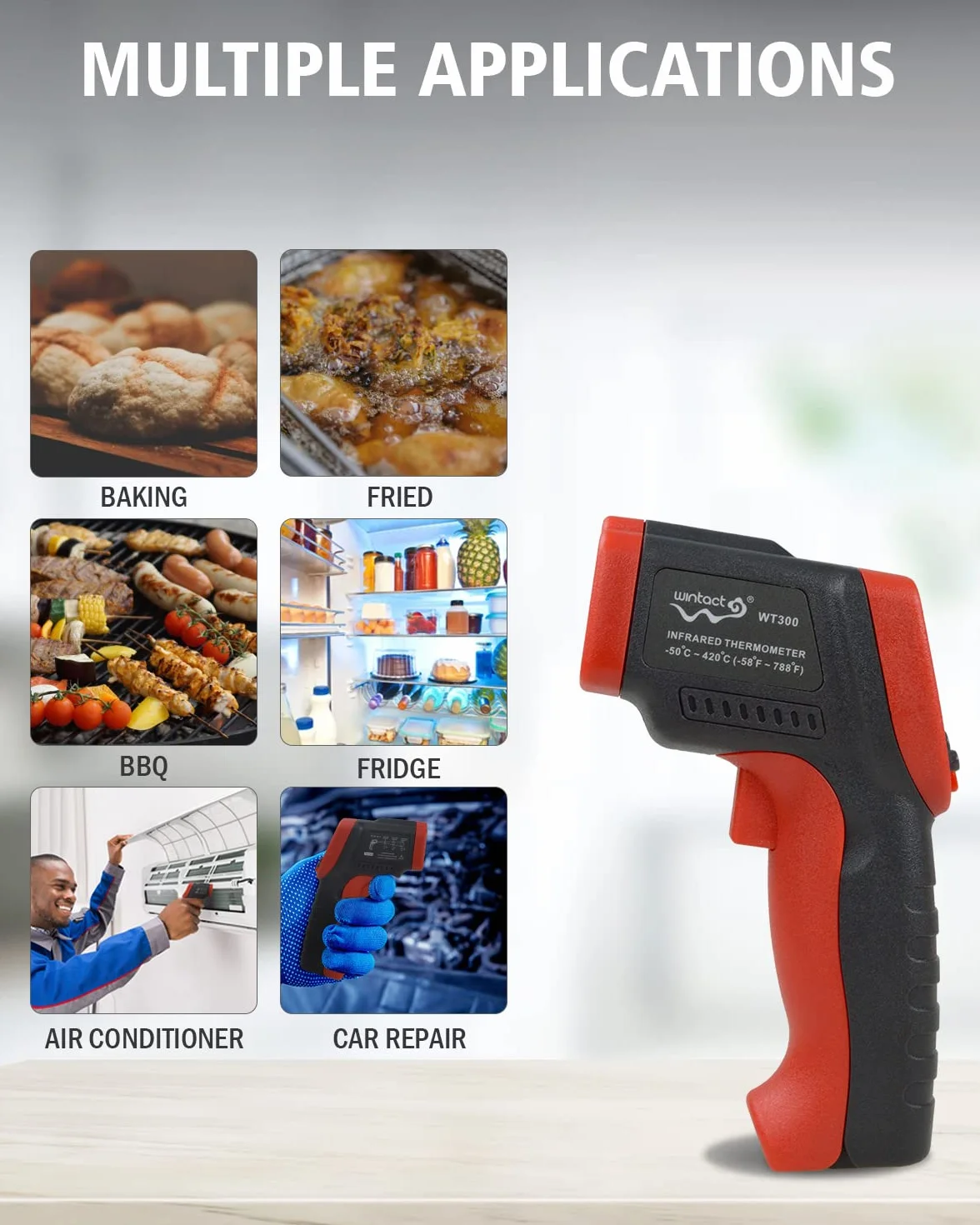 Wintact IRTermometro Igrometro Laser Digitale Superfici -50℃~650℃ con Sonde di Temperatura a Termocoppia di Tipo K per Cucina Frizer