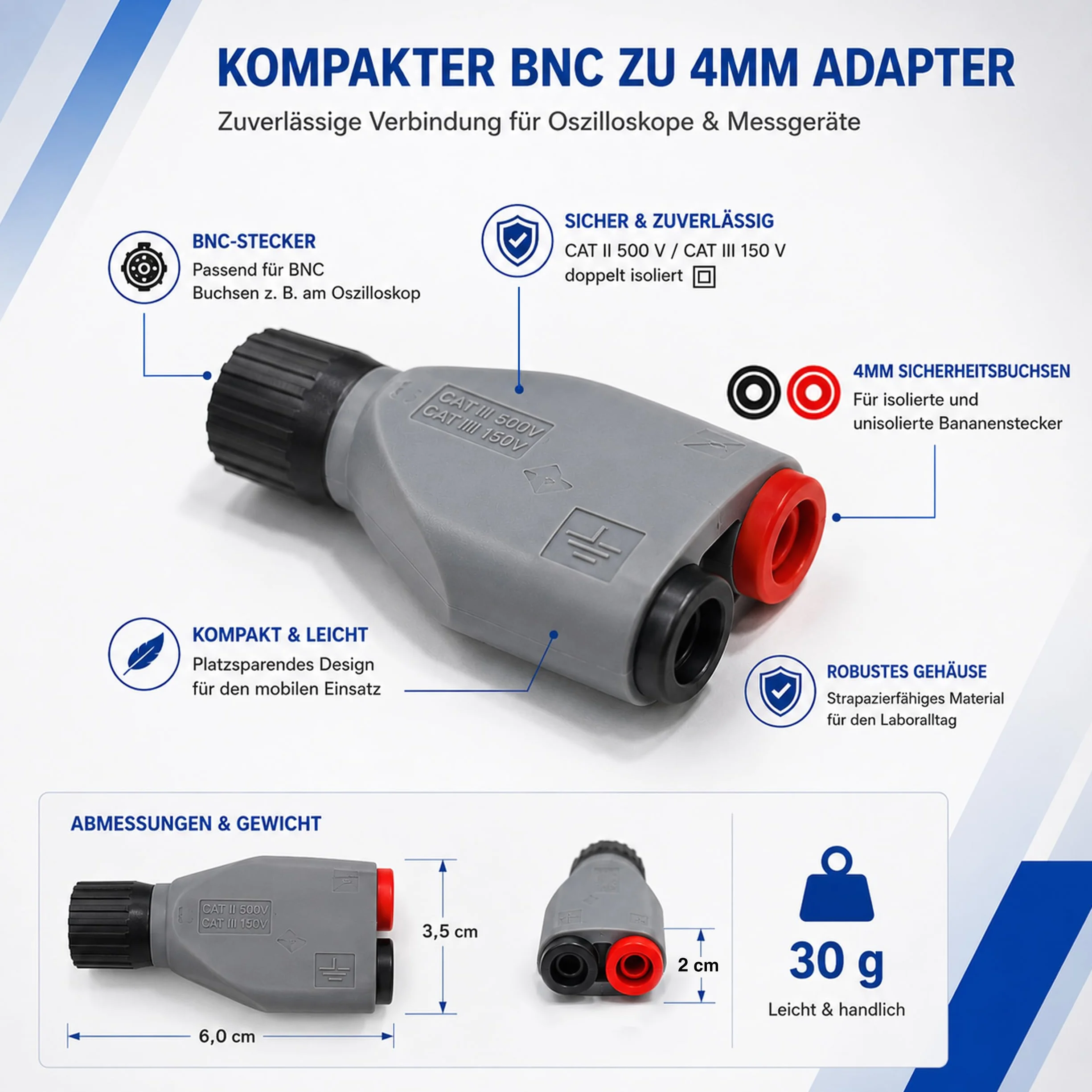 PeakTech P 7055 BNC adapter wtyczka bananowa gniazda akcesoria do oscyloskopu 4 mm izolowany