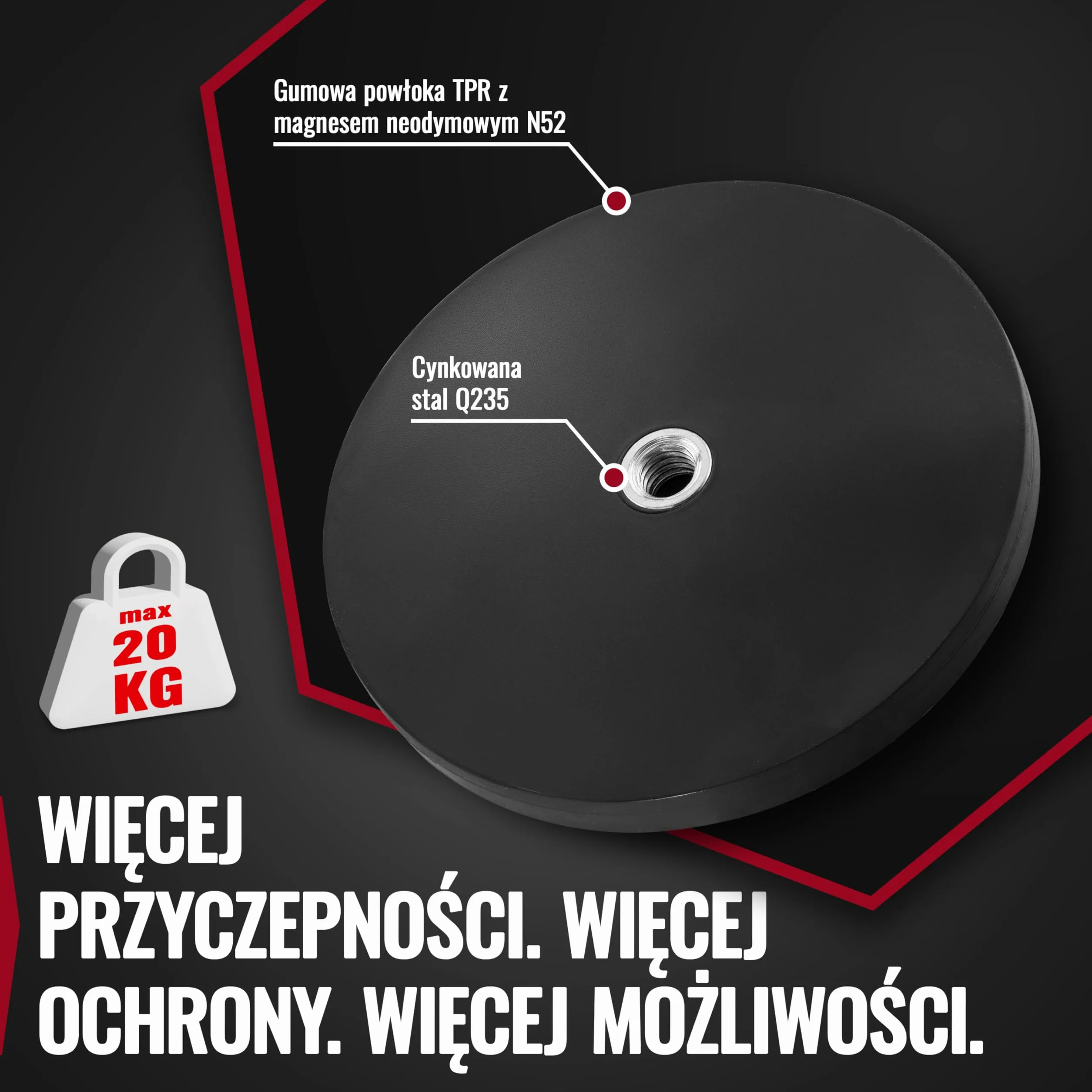 Poppstar 4 gumowe magnesy neodymowe 66 mm M6 siła udźwigu 20 kg