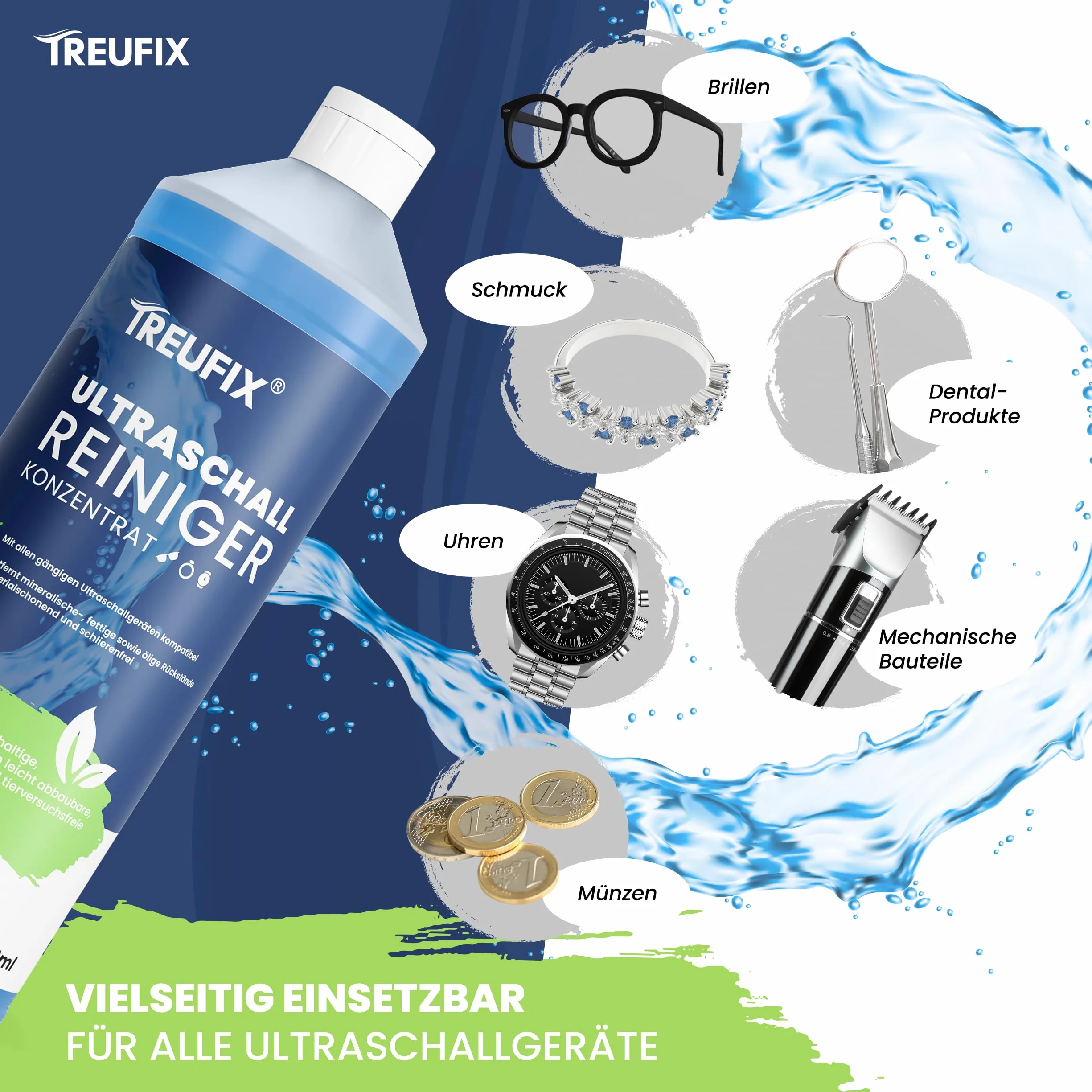 Treufix Koncentrat do czyszczenia ultradźwięków I bardzo skuteczne czyszczenie okularów, biżuterii, protezy zębów i wielu innych I ultradźwiękowy płyn do czyszczenia biżuterii, protezy