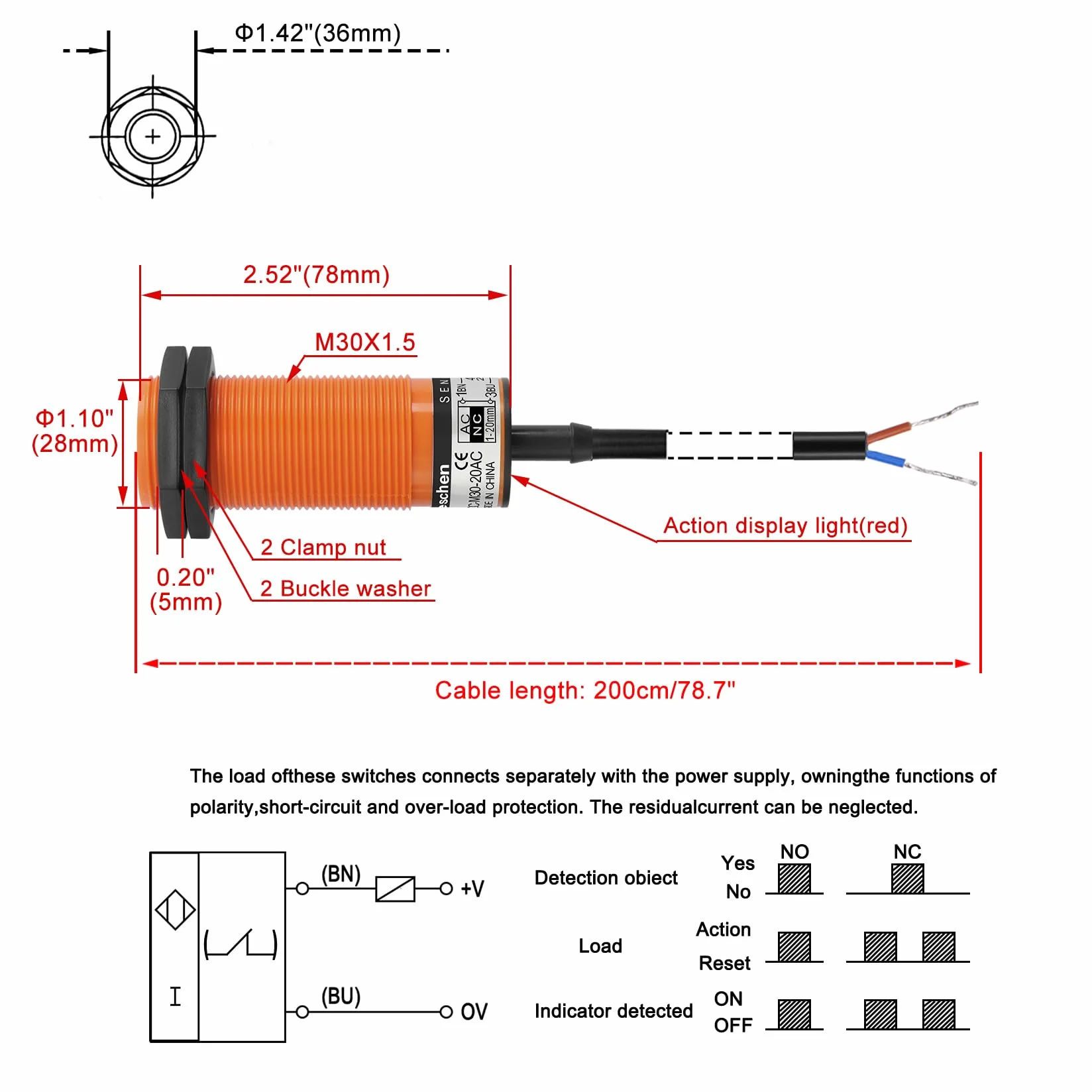 Heschen Pojemnościowy czujnik zbliżeniowy M30, SZC-M30-20AC, odległość wykrywania 1-20 mm, 20-250 VAC 400mA, normalnie zamknięty (NC), 2 przewody