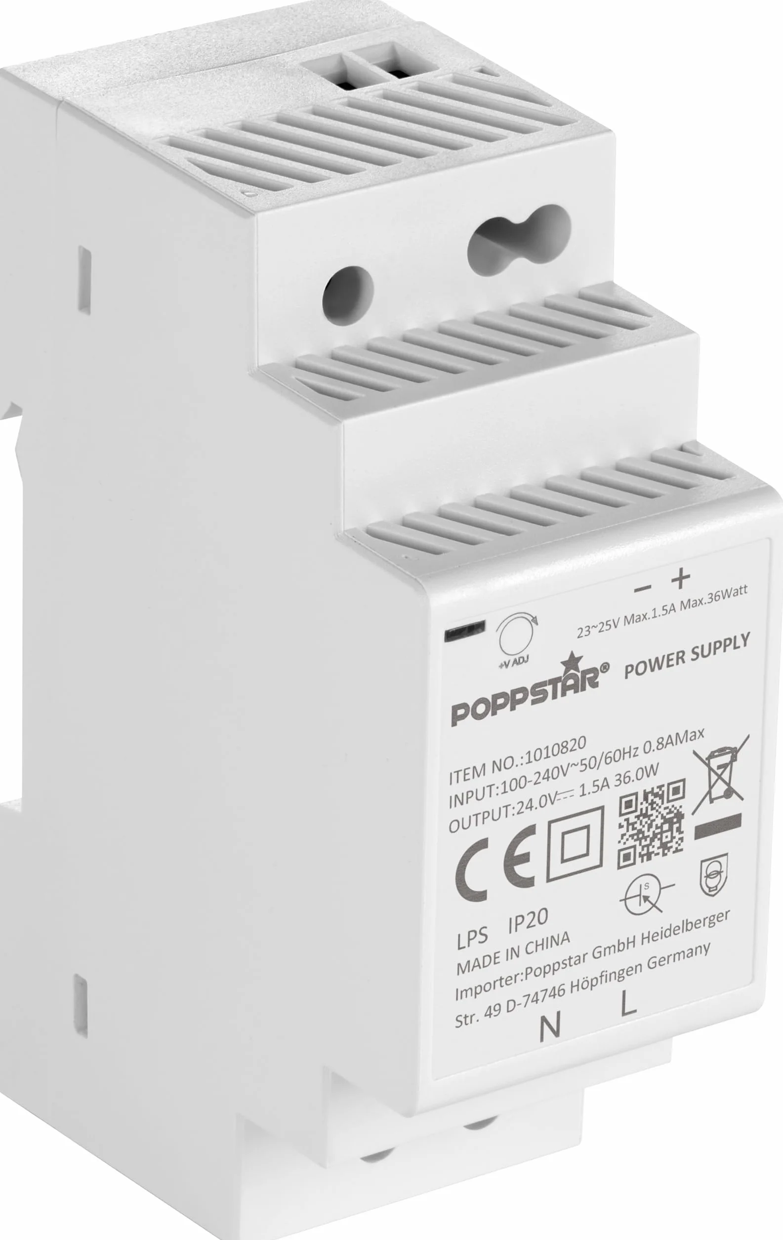Poppstar zasilacz do szyny montażowej P-30-24- 24V 36W (wejście 100-240 V AC 50/60 Hz, wyjście 24 V DC 1,5 A 36 W)