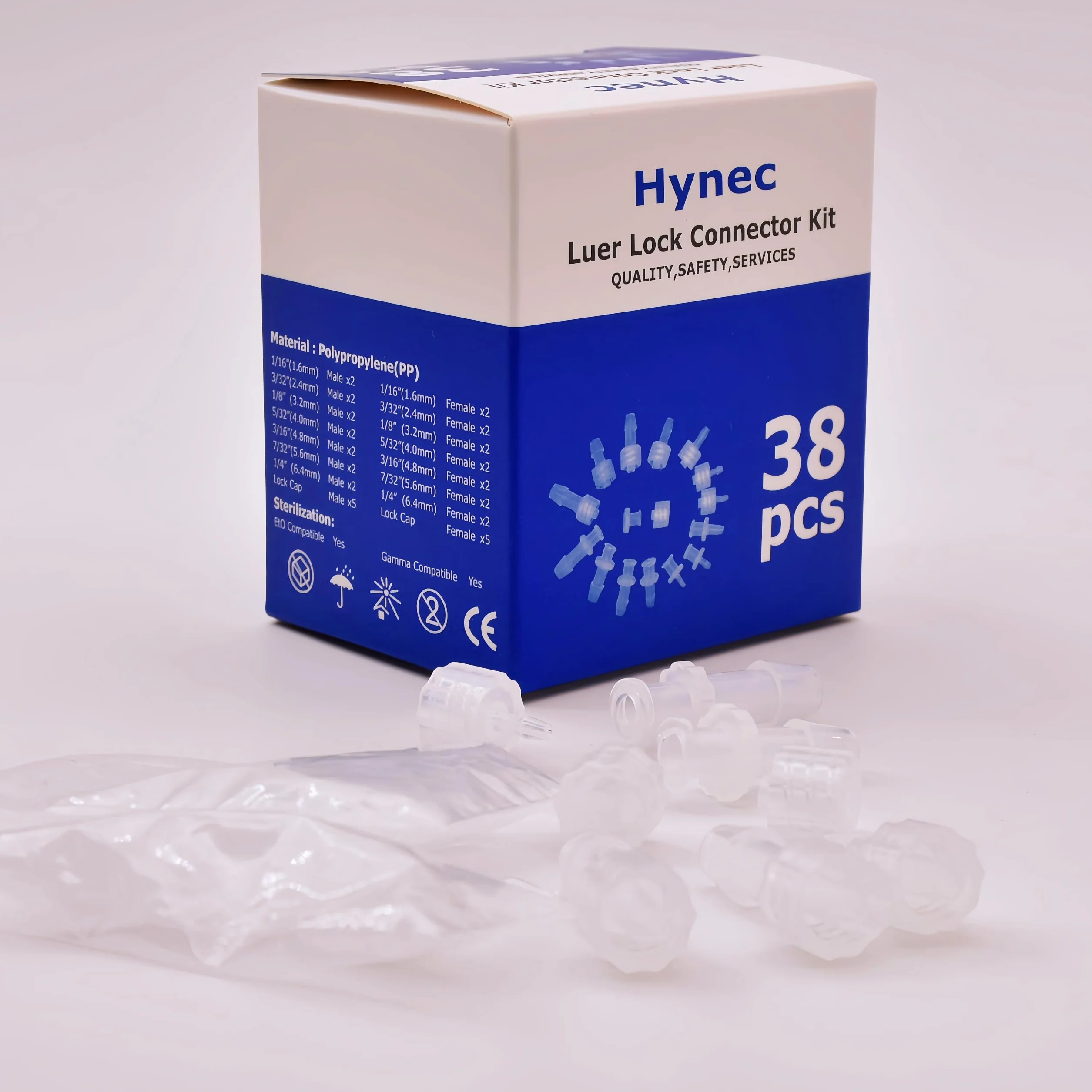 Hynec PP Luer Lock Adapter, zestaw próbek, męski i żeński, 38 sztuk, odporny na ciepło i chemikalia, szczelne złącze do zastosowań medycznych, laboratorium, przetwarzania żywności, zastosowań