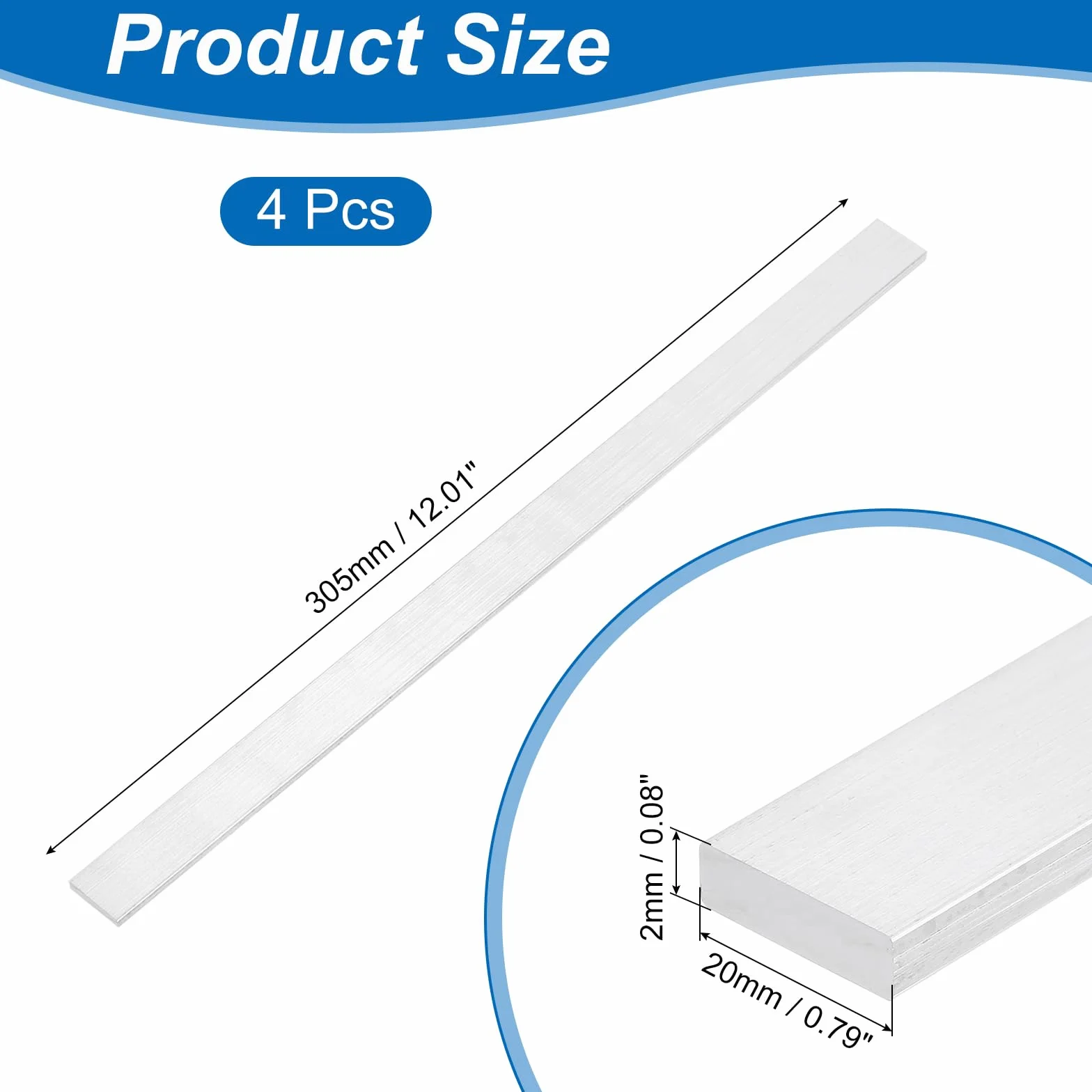 QUARKZMAN Kwadratowy aluminiowy pręt płaski, 4 sztuki 3/32" grubość 3/4" szerokość 12" długość kwadratowy pręt aluminiowy 6063 aluminiowa płyta płaska, 2 x 20 x 305 mm masywny zapas walca