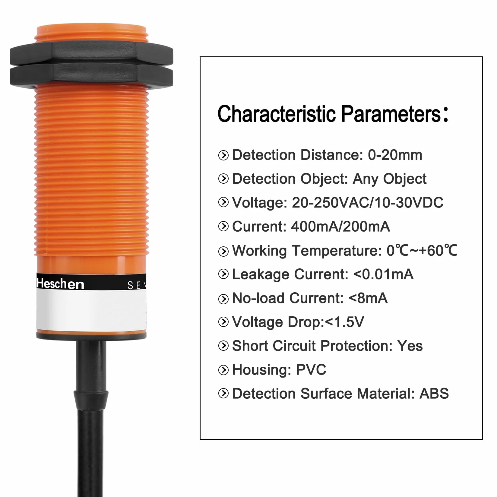 Heschen Pojemnościowy czujnik zbliżeniowy M30, SZC-M30-20AC, odległość wykrywania 1-20 mm, 20-250 VAC 400mA, normalnie zamknięty (NC), 2 przewody