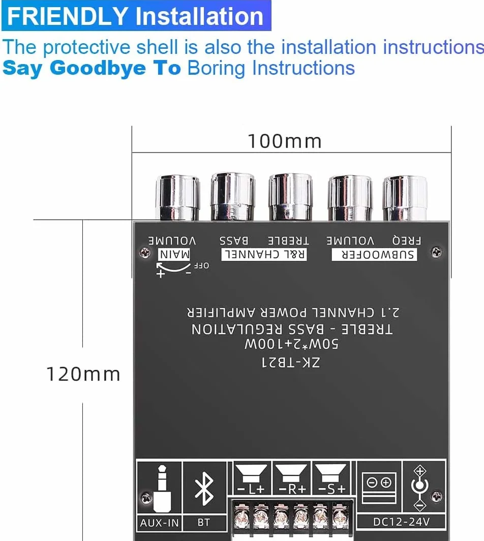 WANGCL 2.1-kanałowa płyta wzmacniacza subwoofera TPA3116 2x50W+100W Bluetooth AUX DC 12-24V
