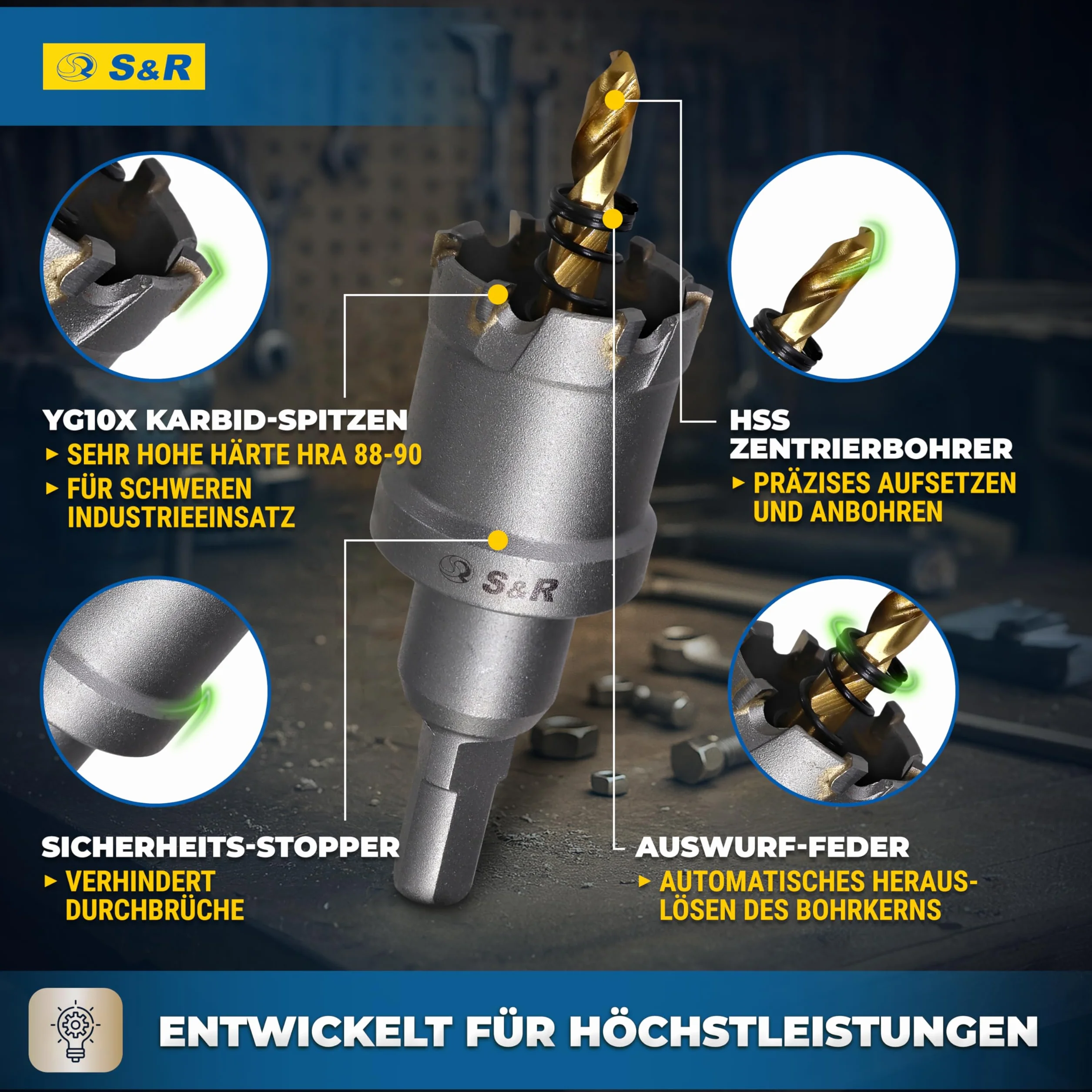 S&R Premium TCT 5-częściowy zestaw otwornic 16-30 mm, wiertło do metalu, stal nierdzewna, twarde stopy, węglik wolframu, zestaw wierteł pilotowych z powłoką tytanową, frezy do metalu