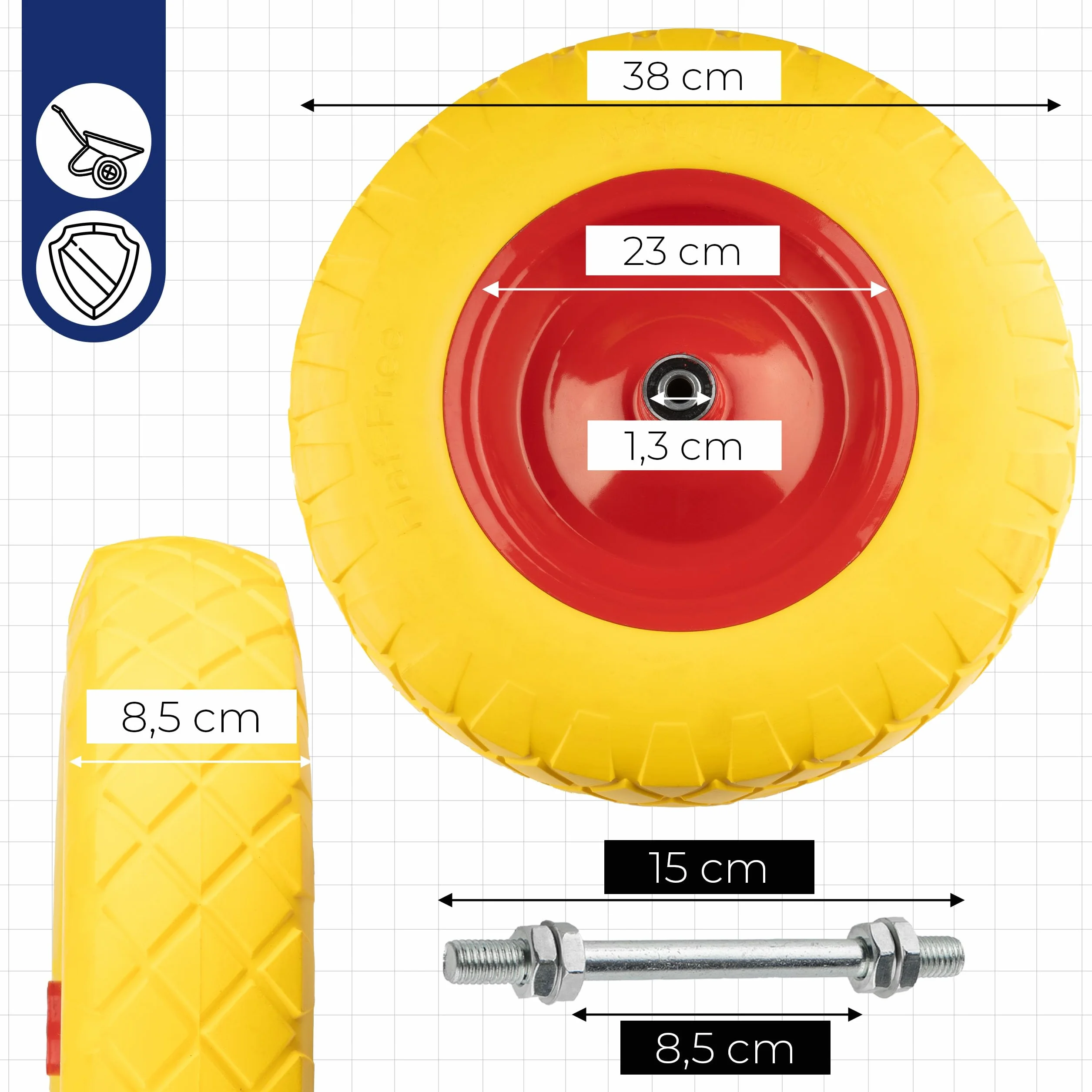 Koło do Taczki Pełne Stałe 4.00-8 PU Żółta Guma Wysokiej Jakości Bezdętkowe Metalowa Felga z Ośką max 130kg