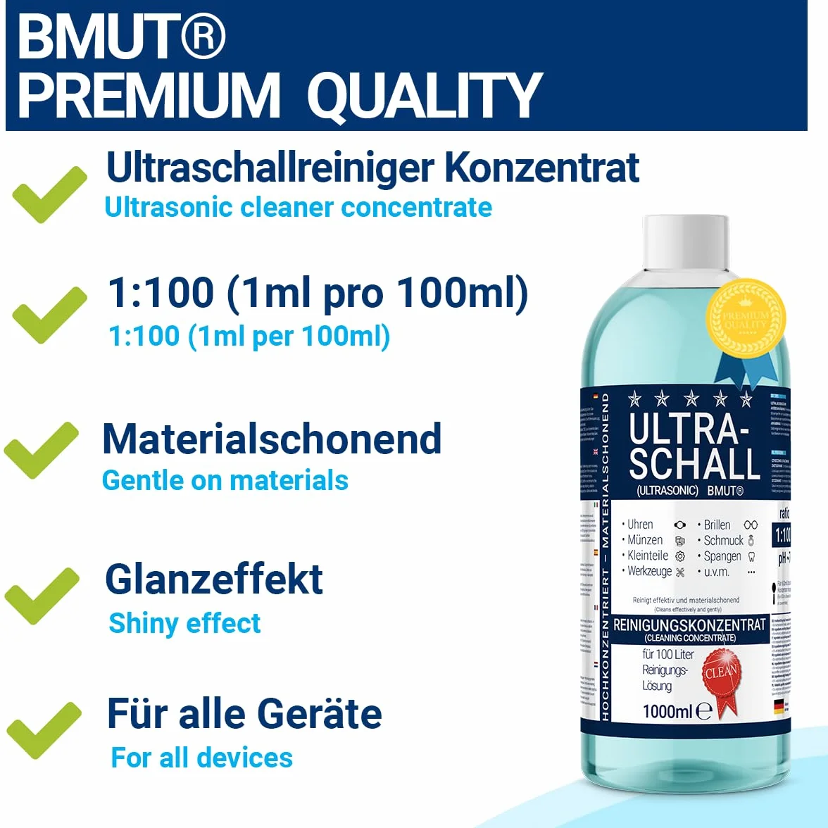 2 x 1000 ml koncentrat do czyszczenia ultradźwiękowego | płyn | do okularów, zegarków, biżuterii, protez i wielu innych w kąpieli ultradźwiękowej