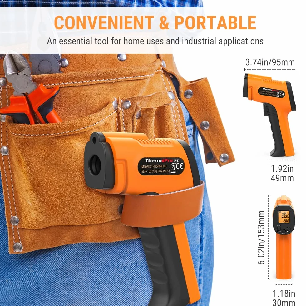 ThermoPro TP30 - termometr na podczerwień, cyfrowy laserowy miernik temperatury -50°C ~ 550°C, regulowany współczynnik emisji, pomiary MAX/MIN/AVG (NIE do użytku na ludziach). Idealny do klimatyzacji