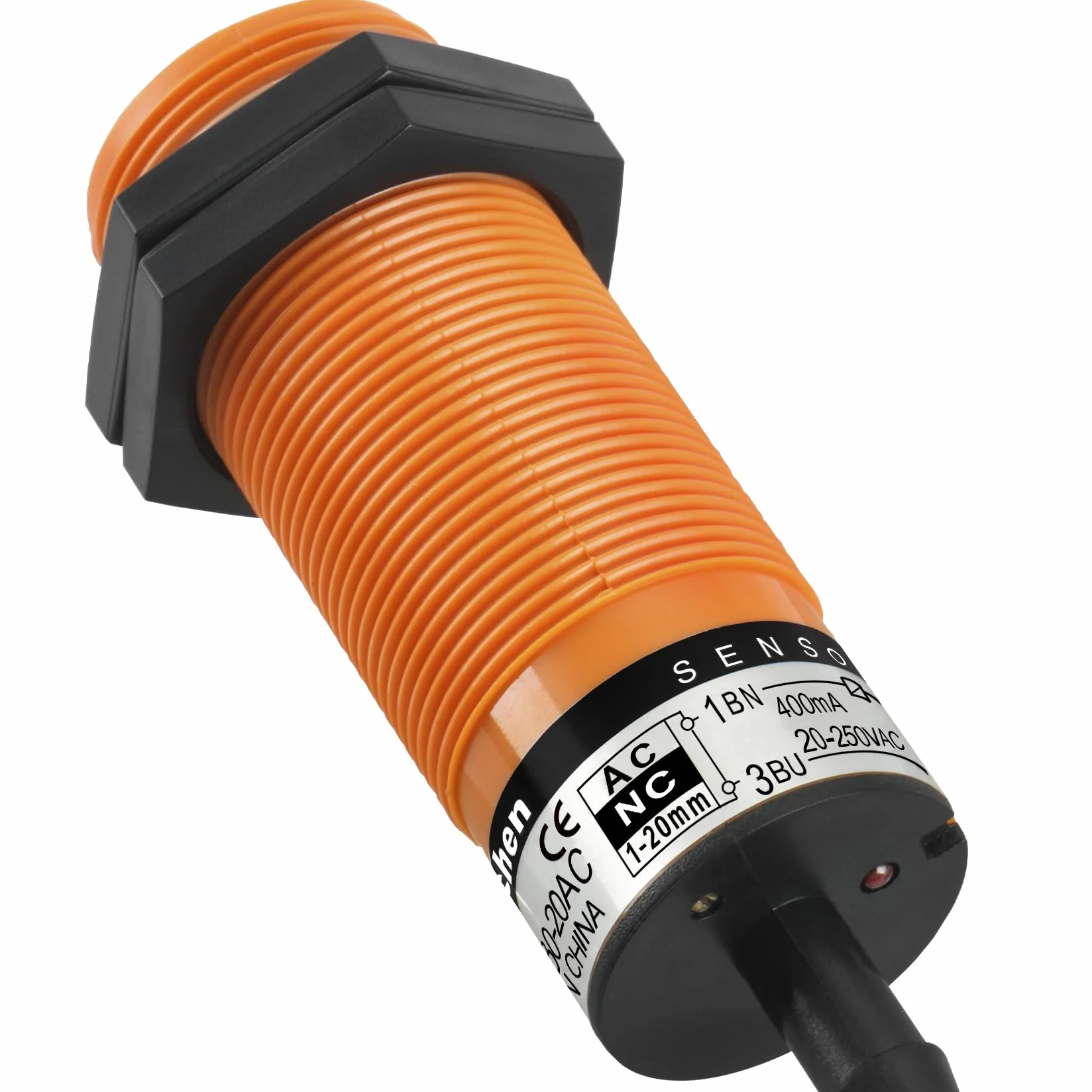 Heschen Pojemnościowy czujnik zbliżeniowy M30, SZC-M30-20AC, odległość wykrywania 1-20 mm, 20-250 VAC 400mA, normalnie zamknięty (NC), 2 przewody
