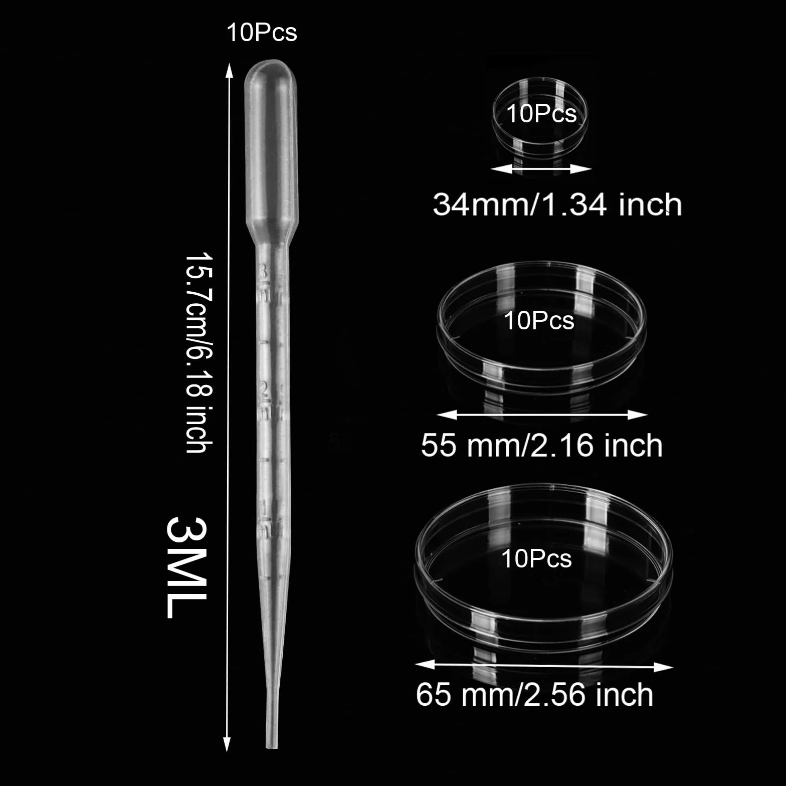 CHMYY 65 + 55 + 34 mm zestaw naczyń Petri z pokrywkami, 30 szt. sterylnych plastikowych naczyń Petri w zestawie 10 szt. plastikowych pipetek transferowych 3 ml dla dzieci do szkoły, laboratorium, nauki, projekty targowe