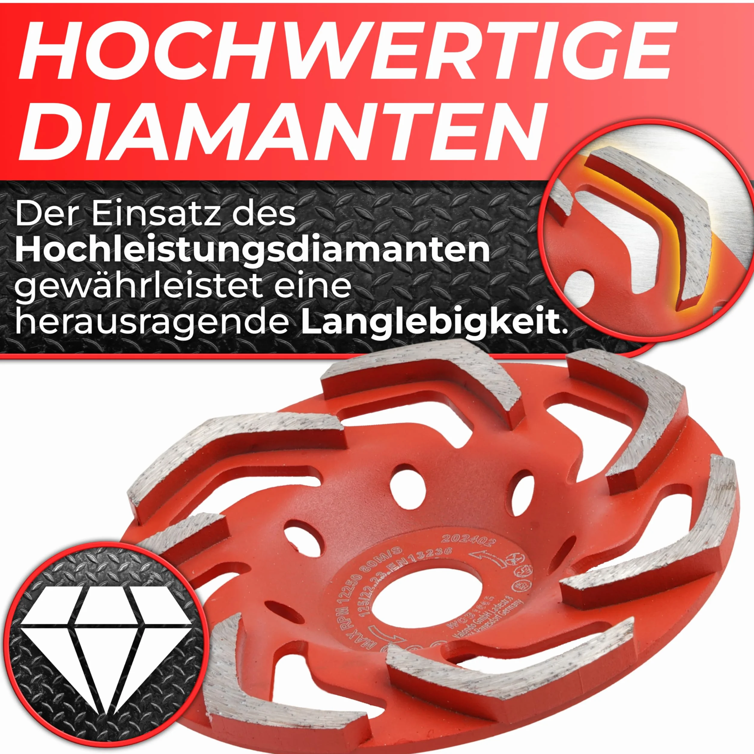 Woltersberger® Diamentowa tarcza szlifierska 125 mm x 22,23 mm, diamentowa szlifierka do szlifowania betonu i twardych materiałów budowlanych, granit, kamień naturalny, jastrych, tynk, marmur