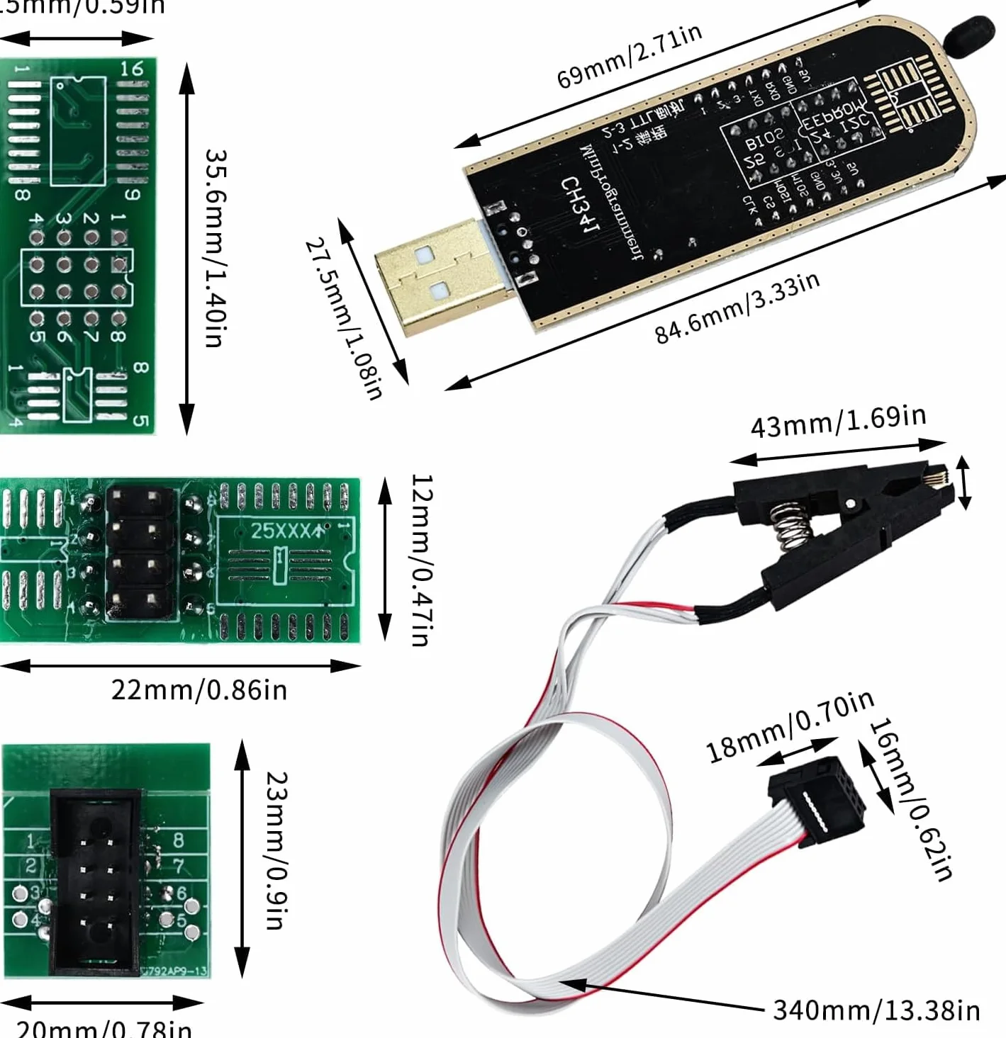 CH341A Programator z klipsem testowym SOP8, podwójna płytka Flash Chip IC do serii 25 Flash BIOS USB moduł