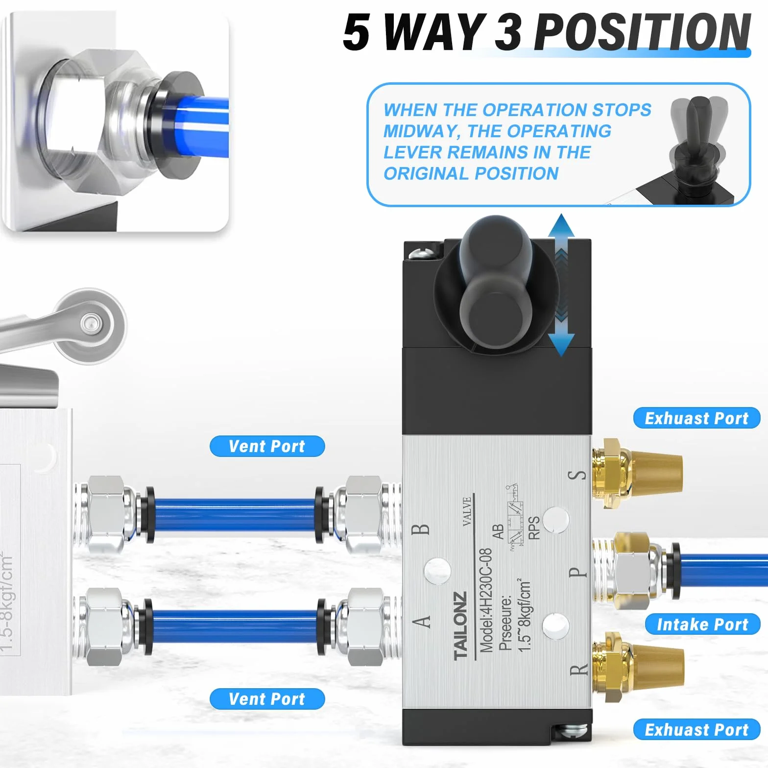 TAILONZ PNEUMATIC 5-drożny 3-pozycyjny zawór ręczny pneumatyczny 4H230-08C 1/4" BSP Push-Pull