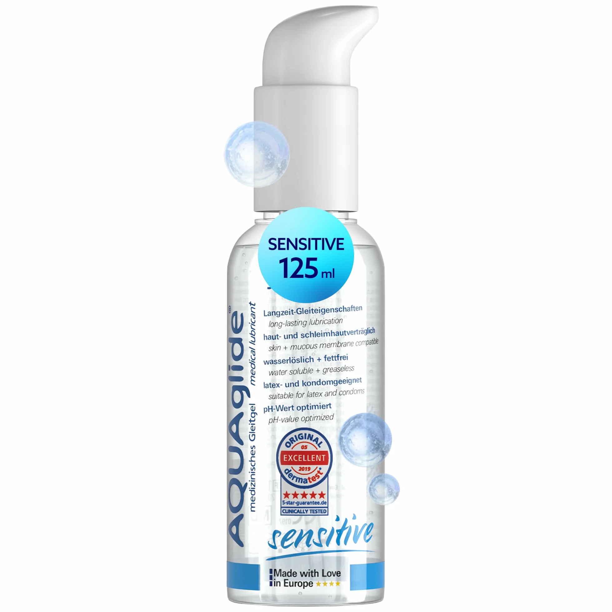 JOYDIVISION Oryginalny lubrykant AQUAglide Sensitive 125 ml, krystalicznie czysty i wegański lubrykant, o zoptymalizowanym pH i kompatybilny z prezerwatywami lateksowymi.