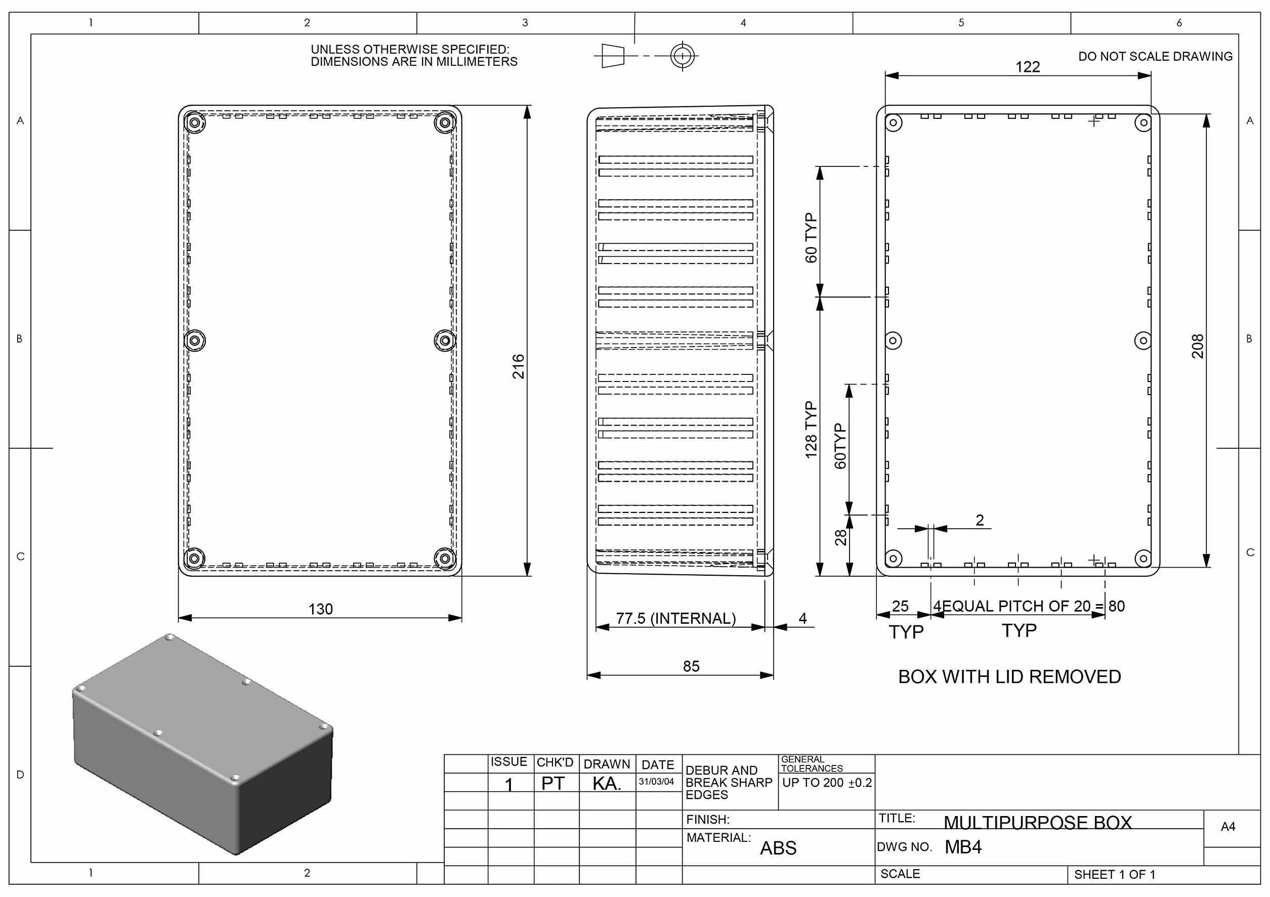 Obudowa z tworzywa ABS MB4 216x130x85 mm czarna matowa na moduły z gniazdami na karty PCB
