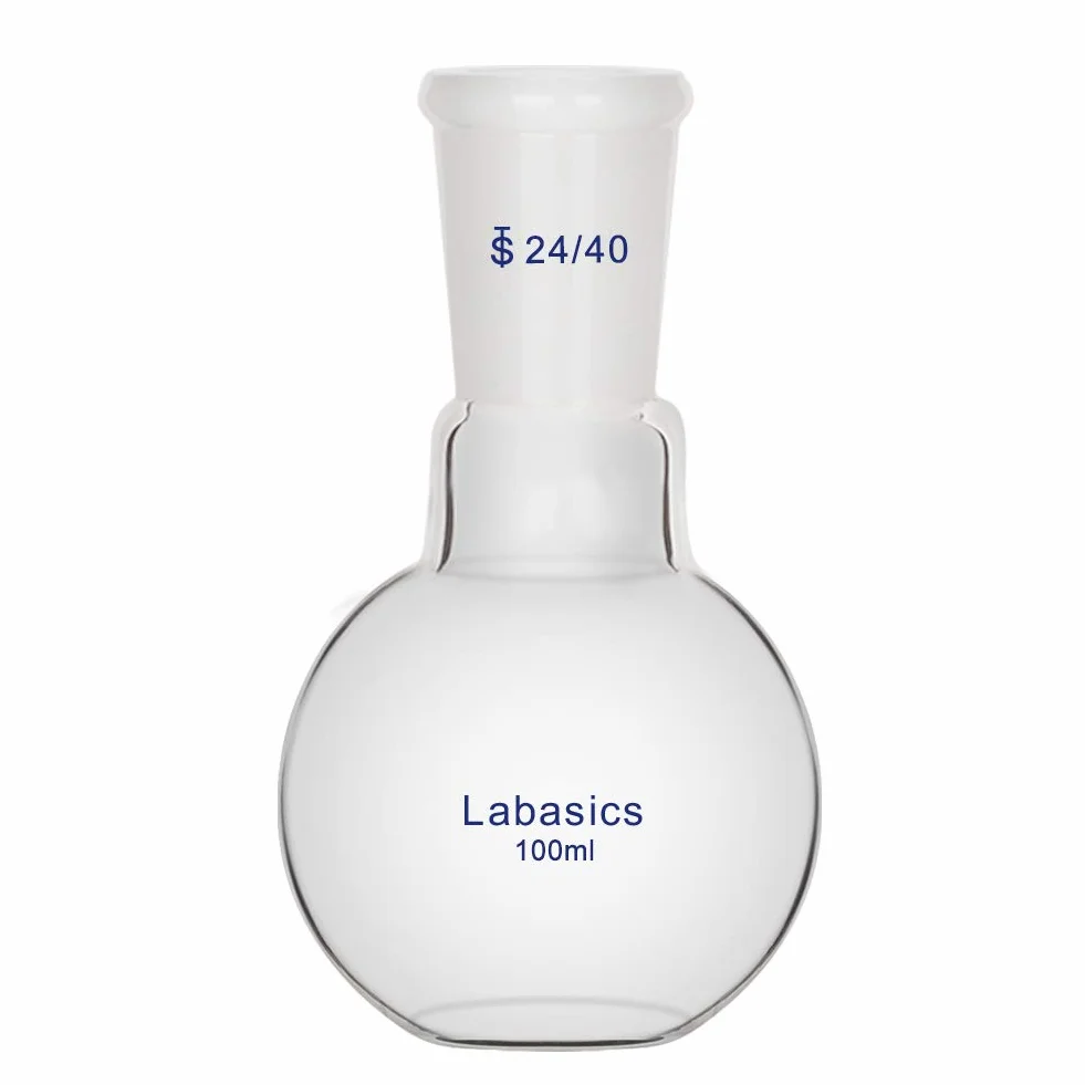 Labasics szklana butelka 100 ml pojedyncza szyjka płaska butelka do gotowania z płaskim dnem, ze standardowym stożkiem 24/40 - 100 ml