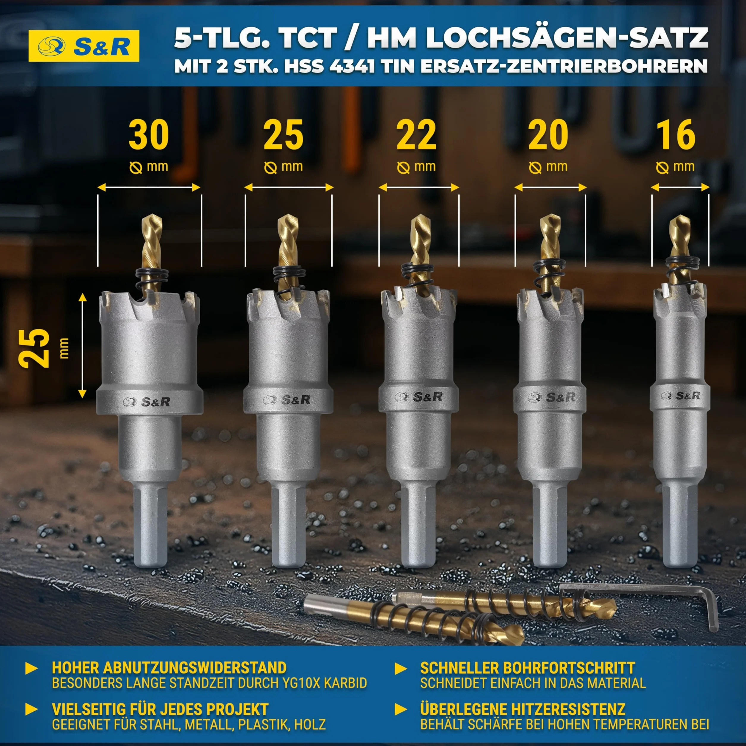 S&R Premium TCT 5-częściowy zestaw otwornic 16-30 mm, wiertło do metalu, stal nierdzewna, twarde stopy, węglik wolframu, zestaw wierteł pilotowych z powłoką tytanową, frezy do metalu