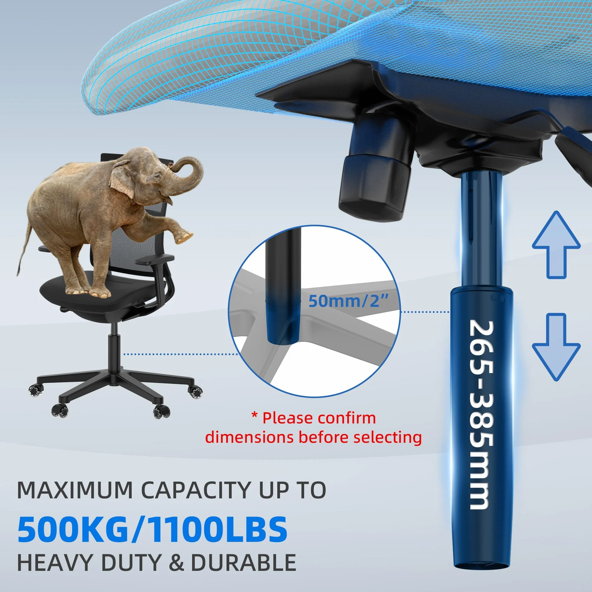 WEWILL Sprężyna gazowa do krzeseł biurowych 500 kg 50 mm 265-385 mm czarna