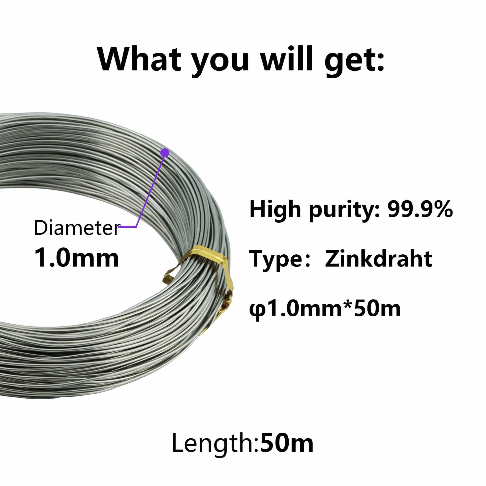 Czysty drut cynkowy 1,0 mm (50 m), drut cynkowy czysty 99,9%, wysokiej czystości drut cynkowy, dedykowany laboratorium.