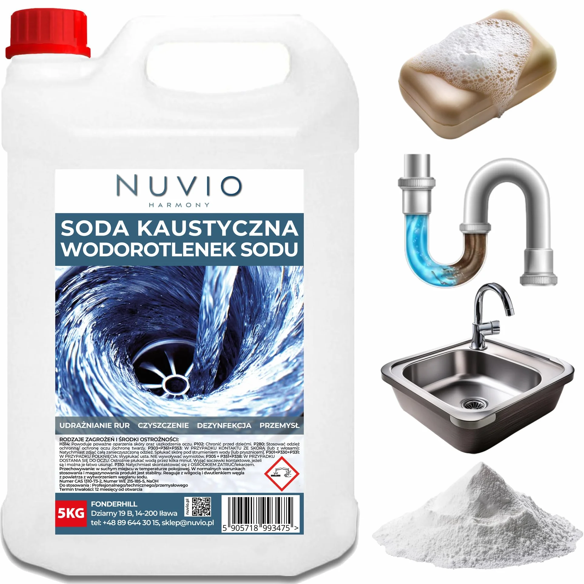 NUVIO, Soda Kaustyczna, Wodorotlenek Sodu NaOH 99%, Granulat, 5kg, Do Udrażniania Rur i Syfonów, Z Rękawicami i Miarką 500ml, Produkt Żrący - Zachować Ostrożność