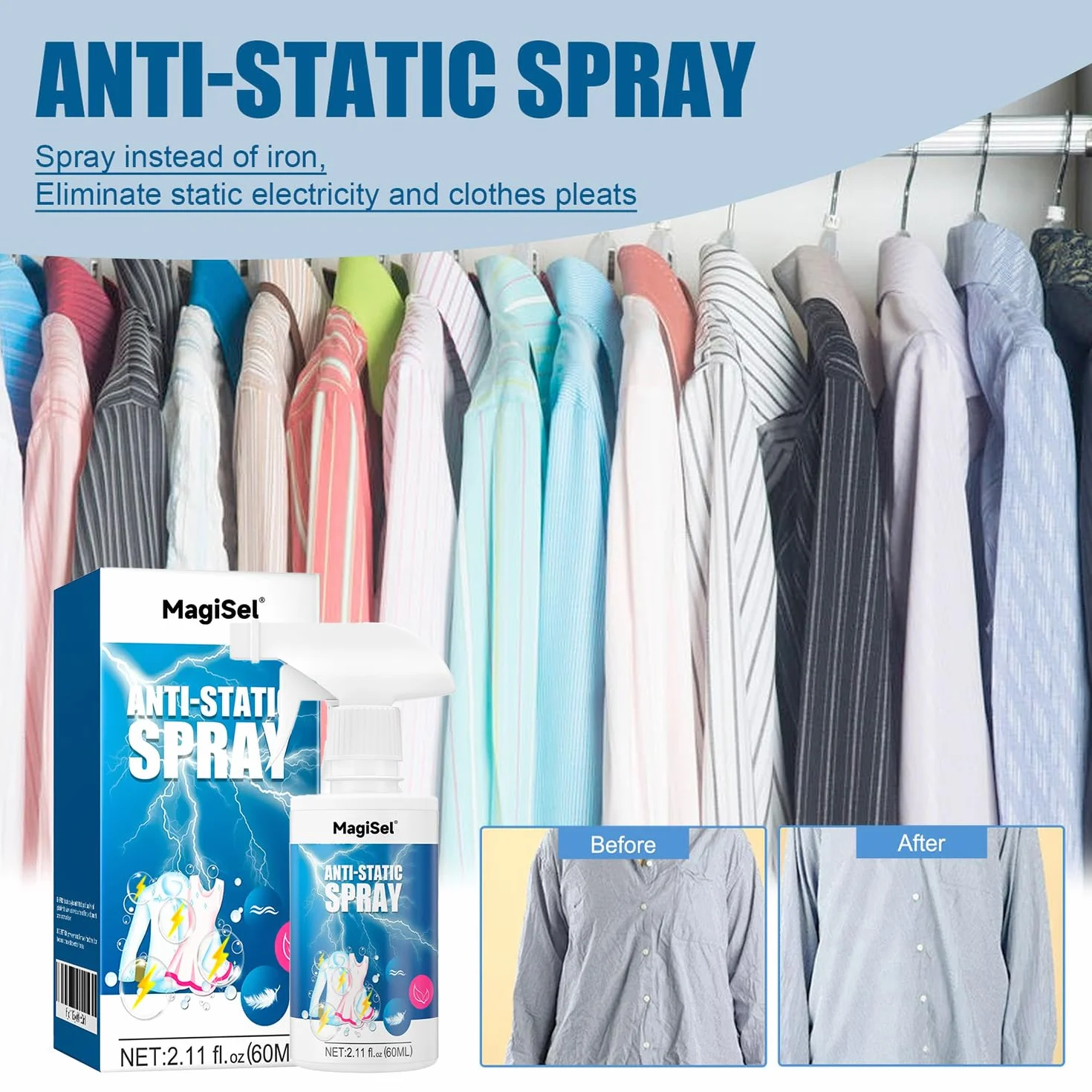 Antystatyczny spray antystatyczny do ubrań i samochodów, do tkanin, ubrań, tkanin i samochodów, szybki efekt antystatyczny, 60 ml