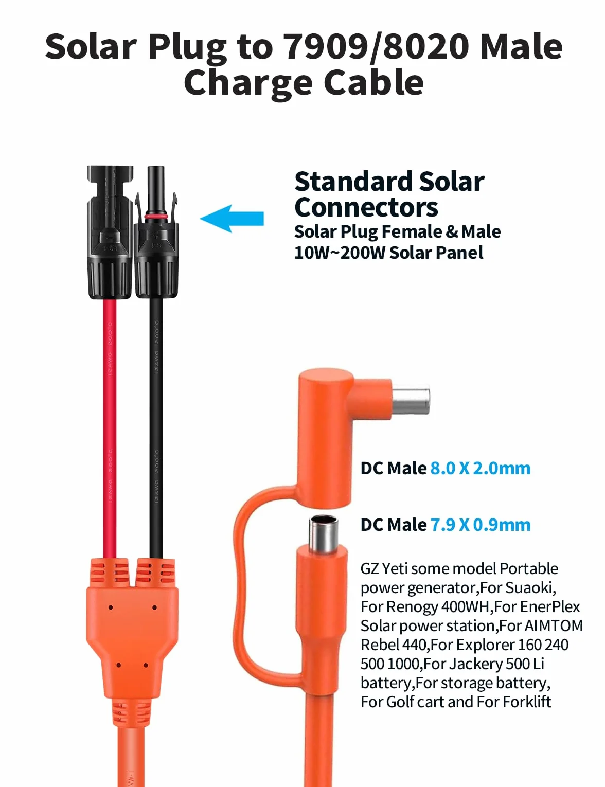 TONTON Wtyczka solarna na DC 8mm i DC 8020, 2 m wtyczka i gniazdo ogniw słonecznych na DC7909 DC8020, kabel adapterowy, kabel do ładowania solarnego, wtyczka fotowoltaiczna, generatory słoneczne