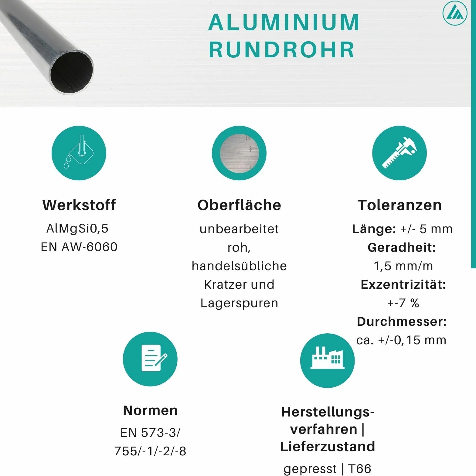Aluminiowa rura okrągła EN AW-6060 AlMgSi0,5 Ø 45 x 5 mm długość 1000 mm
