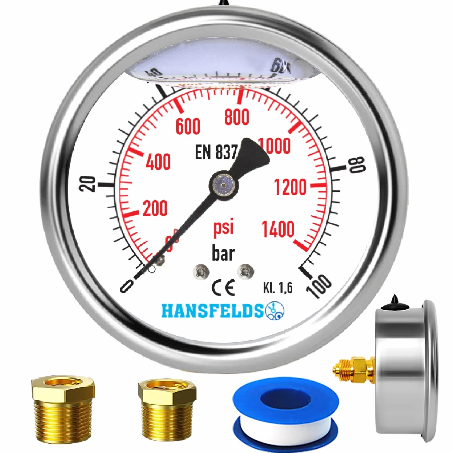 Manometr Hansfelds 0–100 bar/PSI, tarcza 63 mm, przyłącze mosiężne G1/4" BSP, wypełniony cieczą, klasa 1.6