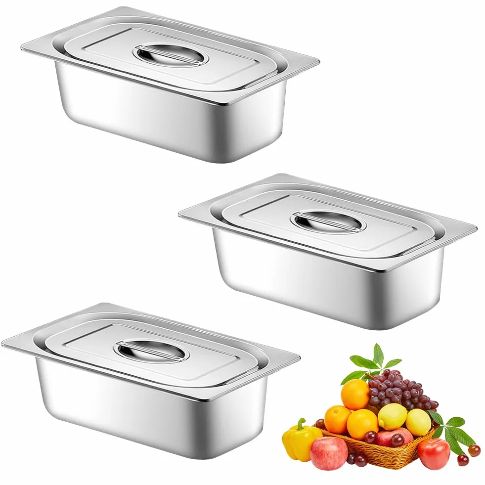 3-częściowy zestaw misek do panierowania ze stali nierdzewnej z pokrywką, pojemnik GN 1/3, 32,5 x 17,5 x 6,5 cm, prostokątny, metalowy pojemnik gastronomiczny na kotlety, mięso, ryby, panierkę