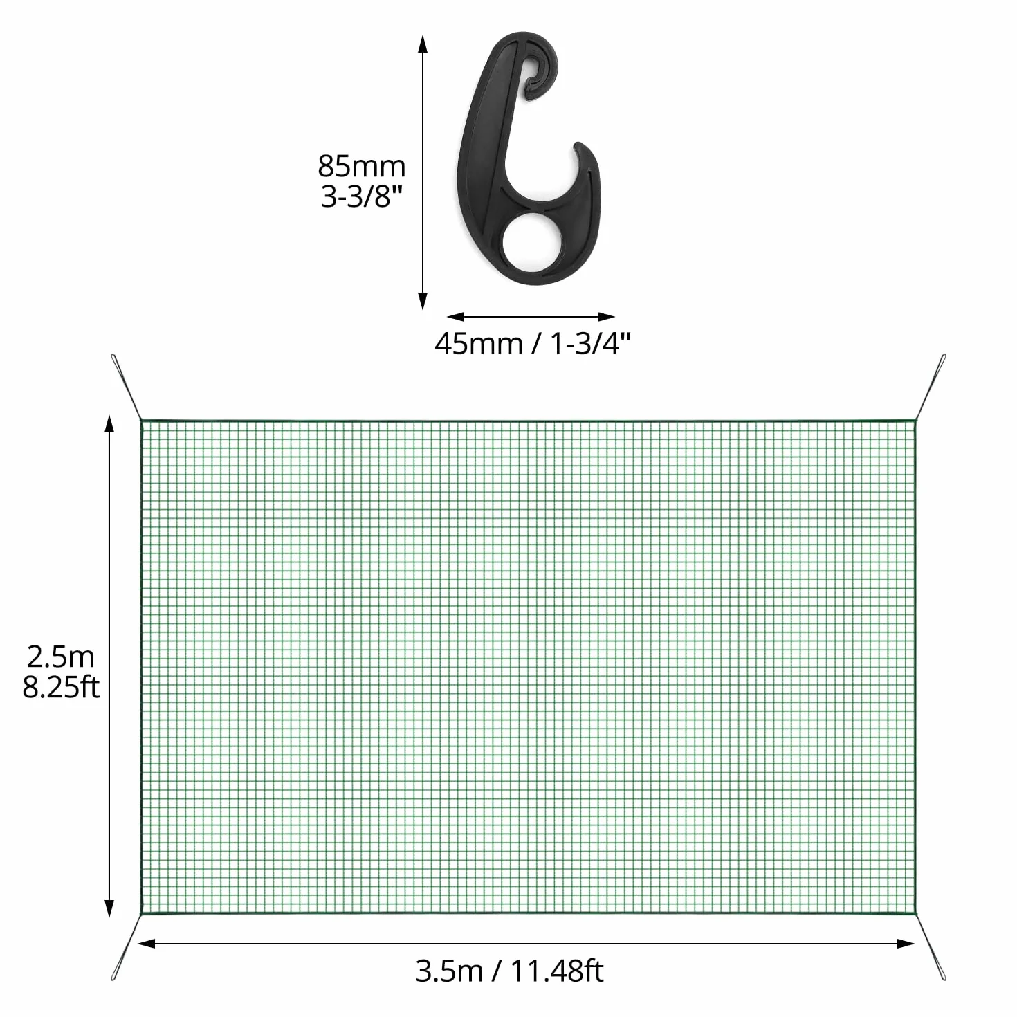 QWORK® Siatka na przyczepy, siatka na przyczepy 2,5 x 3,5 m, siatka na przyczepy z 15 hakami i gumową liną