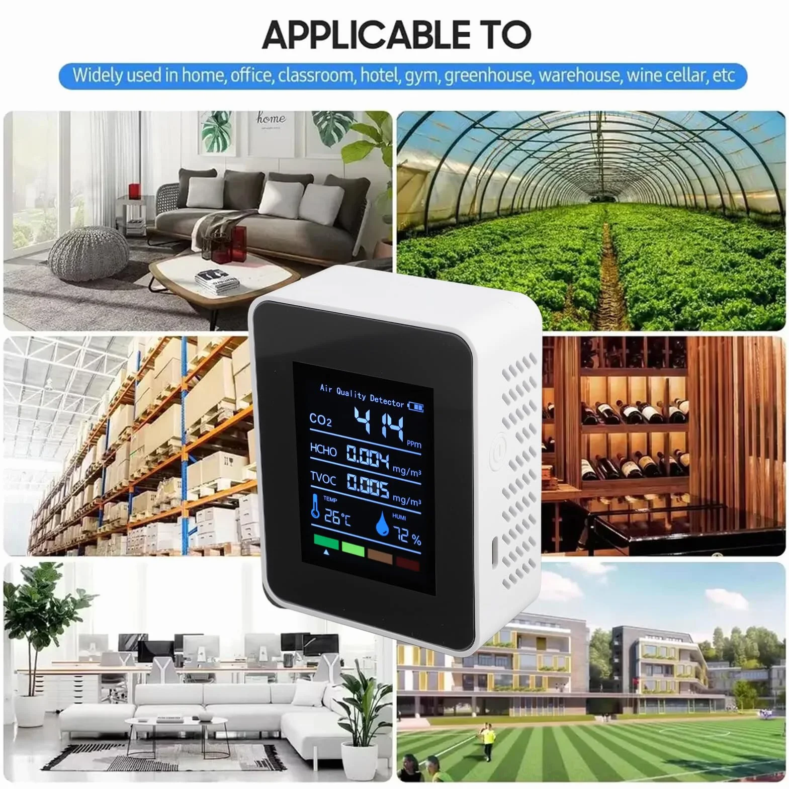 Monitor Jakości Powietrza 5 w 1, Miernik Testowy CO2/HCHO/TVOC/temperatury/wilgotności, Inteligentny Detektor Jakości Powietrza z Wyświetlaczem i baterią 1200 MAh, do Domu, Biura