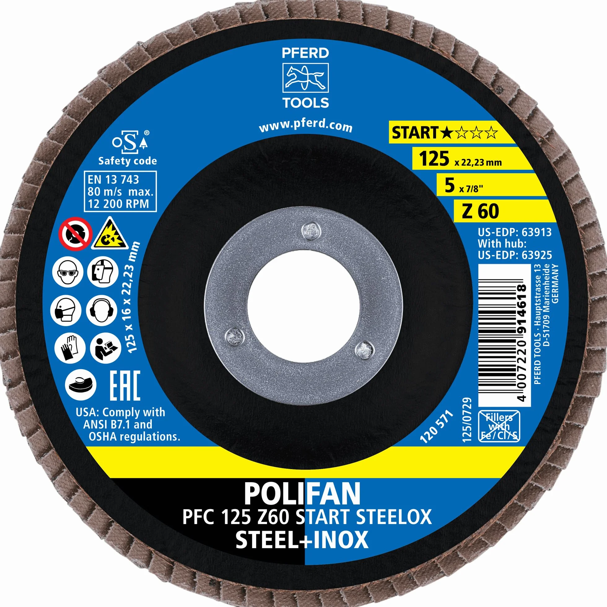 PFERD POLIFAN-Z-BOX 10 x tarcza wachlarzowa 125 mm Z60 otwór 22,23 mm stal nierdzewna INOX