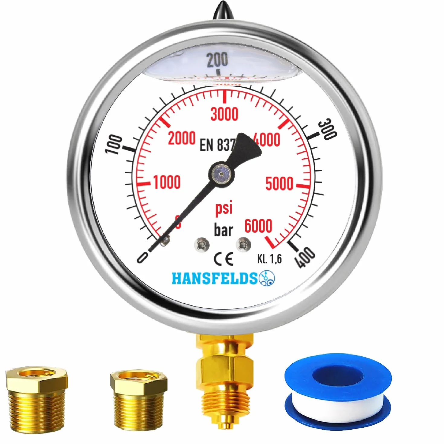 Manometr Hansfelds 0–400 bar/psi, tarcza 63 mm, mosiężne przyłącze dolne G1/4" BSP, wypełniony cieczą (gliceryną), klasa dokładności 1.6, w zestawie 2 redukcje na 3/8" i 1/2".